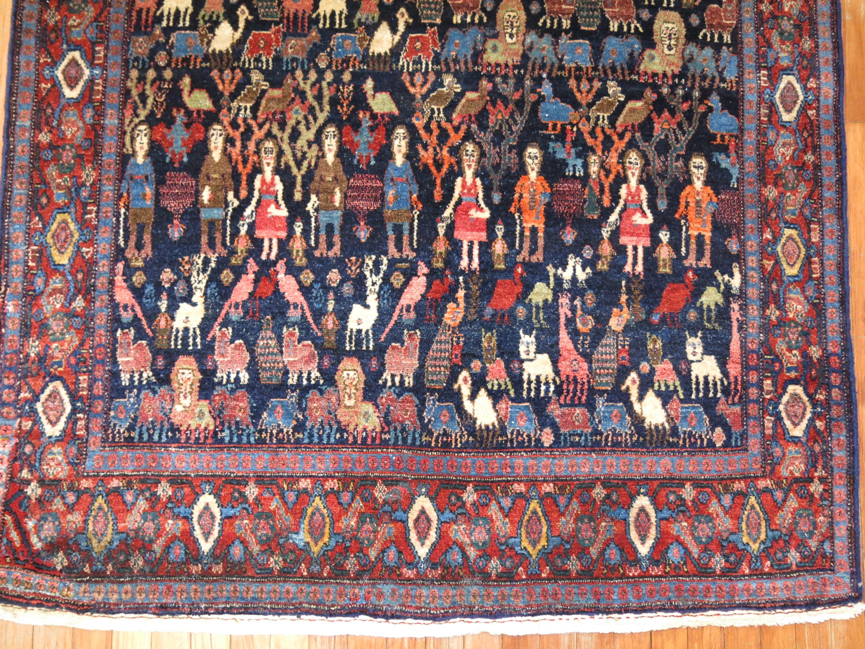 Hand-Woven  Human and Animal Persian Senneh Pictorial Rug