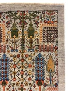 Folk Art Persian-Style Tree of Life Runner, Blue, Green, and Red Wool, 3' x 10'