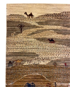 Folk Art Pictorial Wool Rug, Animals and Village Scenes, Neutral Tones, 3x5