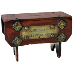 Antique Folk Art Pine Money Box, "Wee Maggie is no a fool", circa 1900-1910