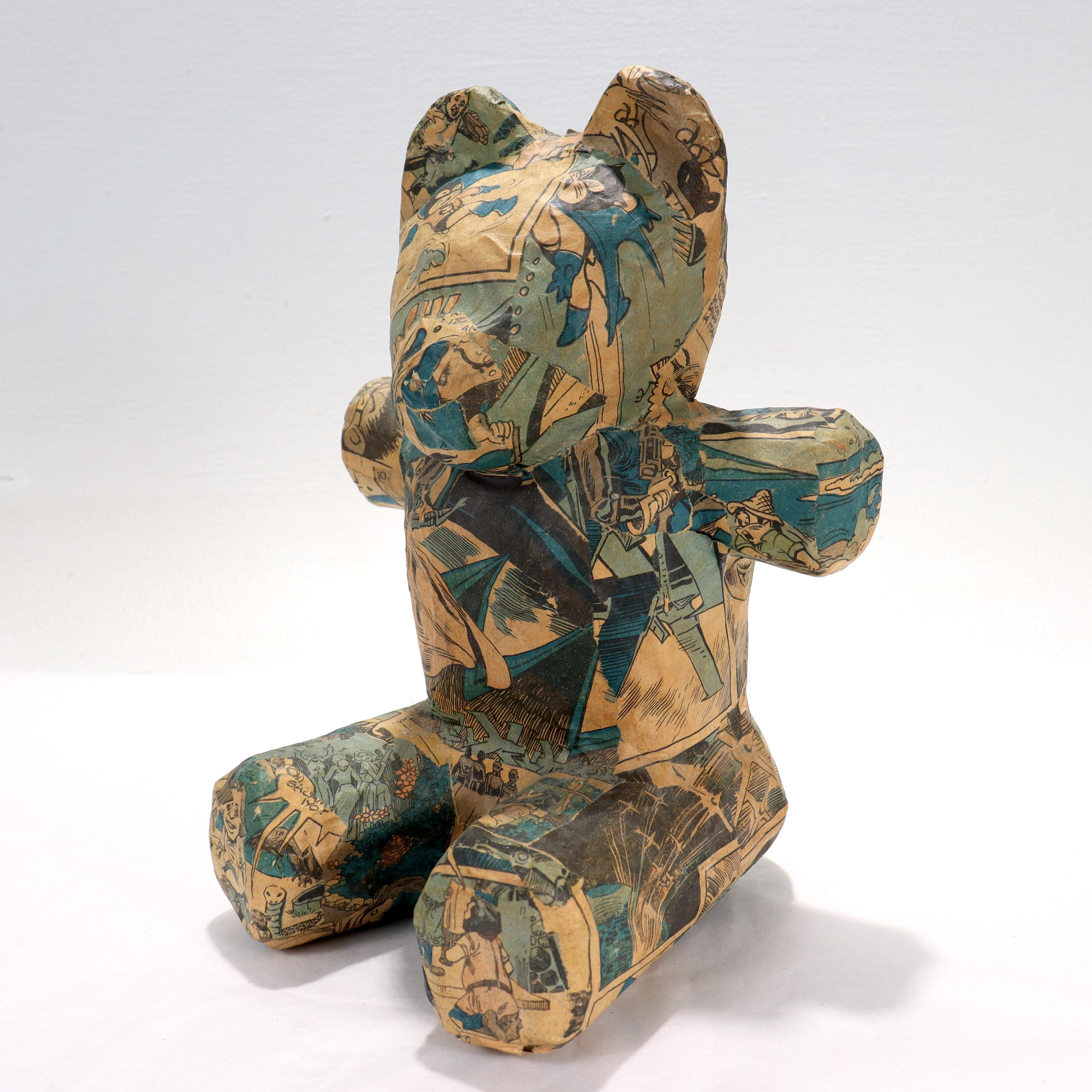 A fine folk-art papier-mache sculpture.

In the form of a teddy bear.

The papier mache appears to be from various 20th Century Philippine comic books, such as Superkat by L.S. Martinez.

Simply a great retro Folk-Art teddy