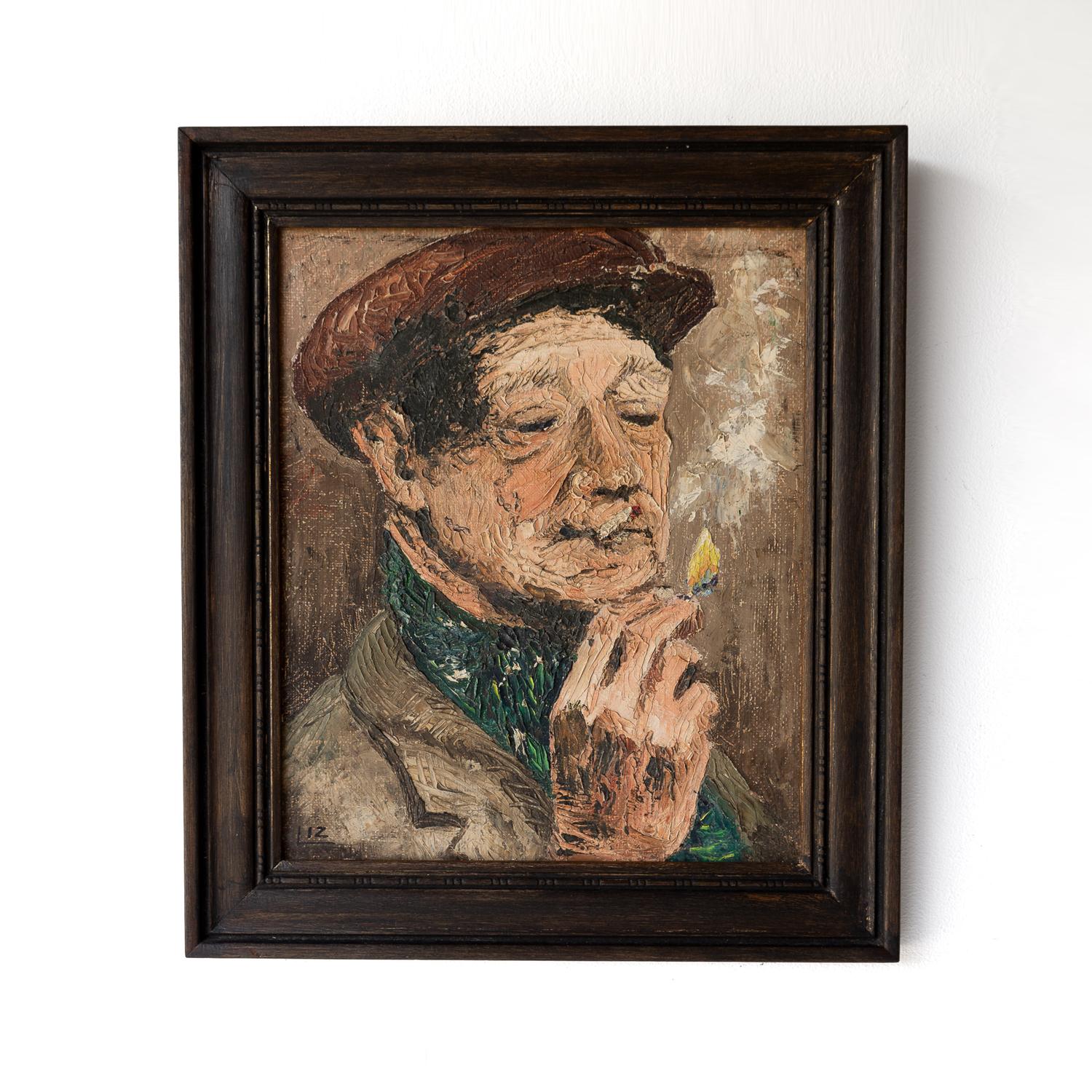 RITRATTO VINTAGE
Un ritratto suggestivo che raffigura un uomo con un berretto piatto e una sciarpa che accende una sigaretta con un fiammifero.

L'artista è riuscito abilmente a catturare il momento e il carattere dell'uomo utilizzando spesse
