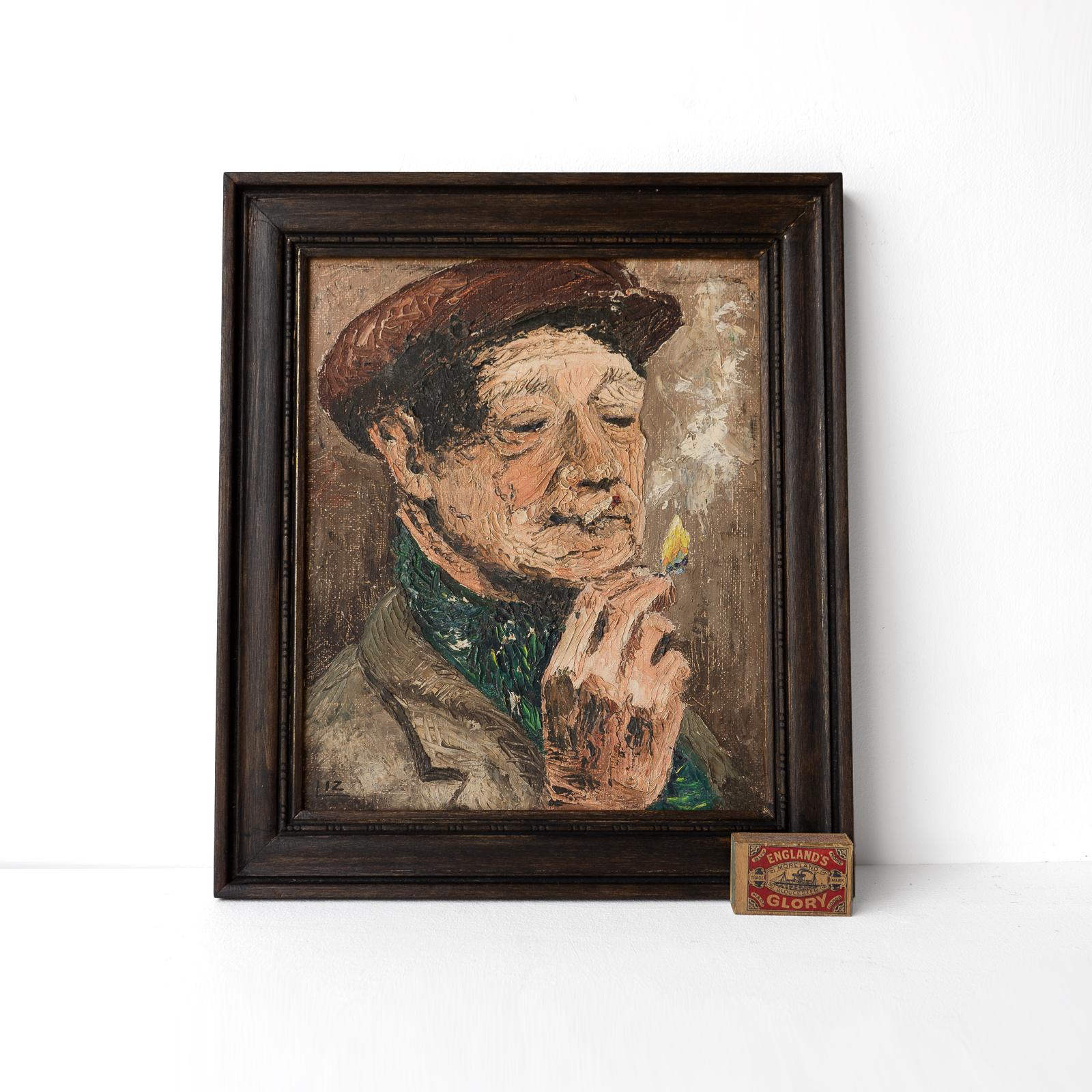 Dipinto Ritratto d'arte popolare di un uomo che fuma una sigaretta, antico olio originale inglese