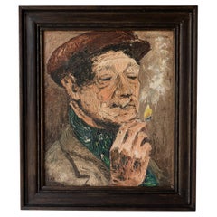 Folk Art Portrait of a Man Smoking a Cigarette, Antique English Original Oil