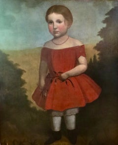 Folk Art Portrait Painting "Young Girl In a Red Dress", American, Circa 1825
