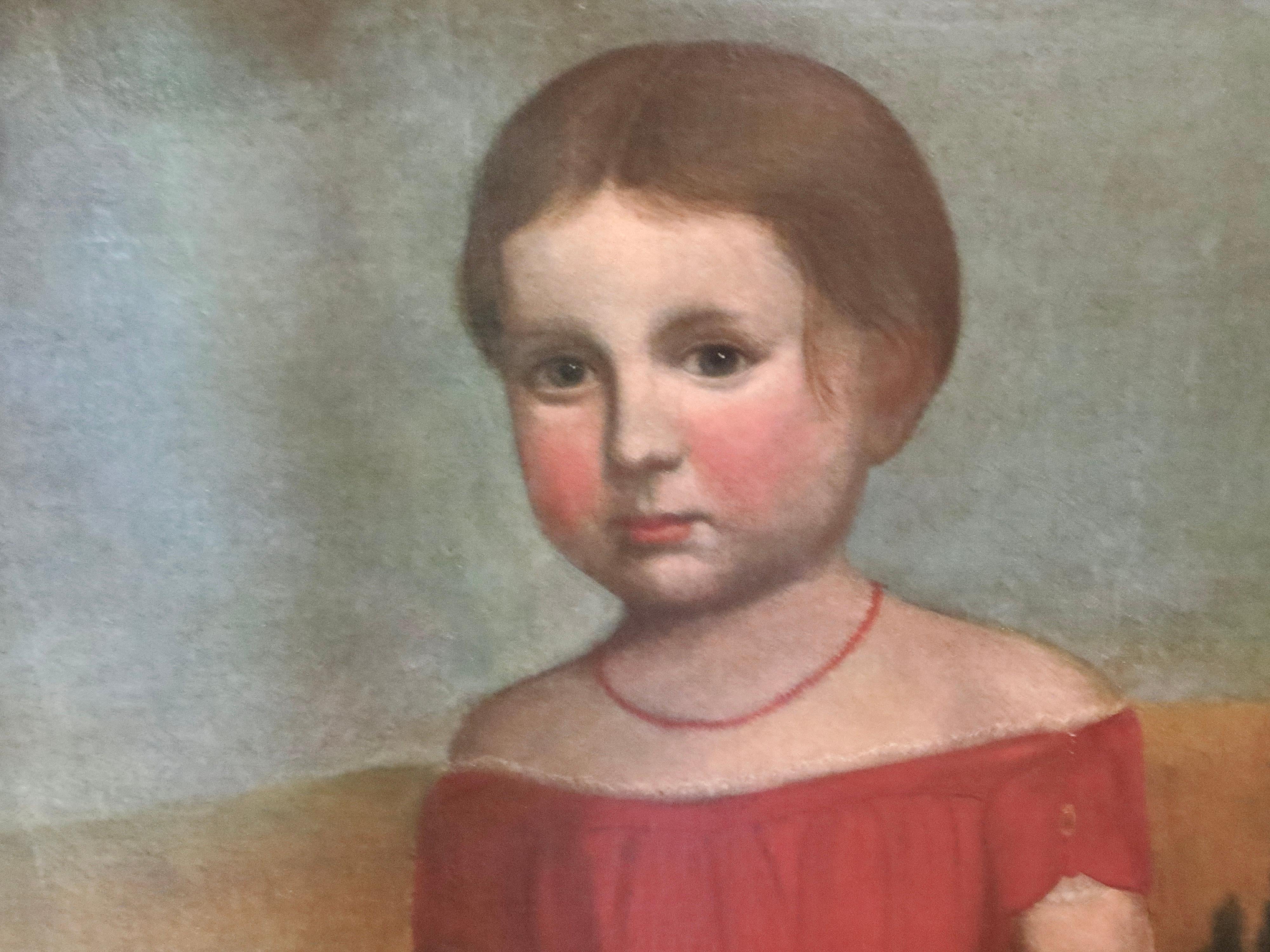 Volkskunst-Porträtgemälde „ Junges Mädchen in einem roten Kleid“, amerikanisch, um 1825 (Gemalt) im Angebot