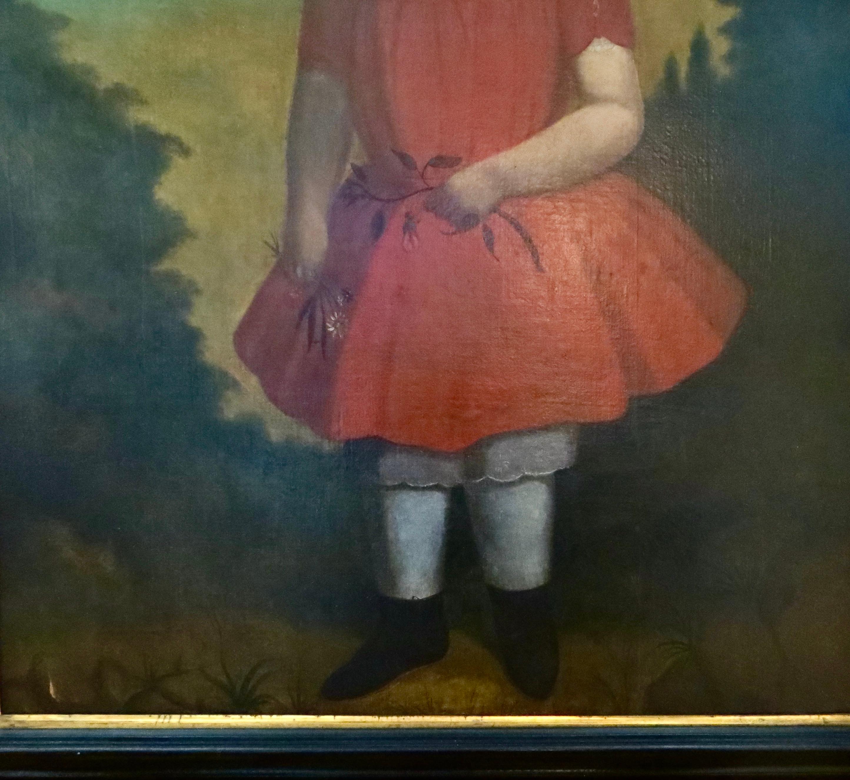 Volkskunst-Porträtgemälde „ Junges Mädchen in einem roten Kleid“, amerikanisch, um 1825 im Zustand „Gut“ im Angebot in Incline Village, NV