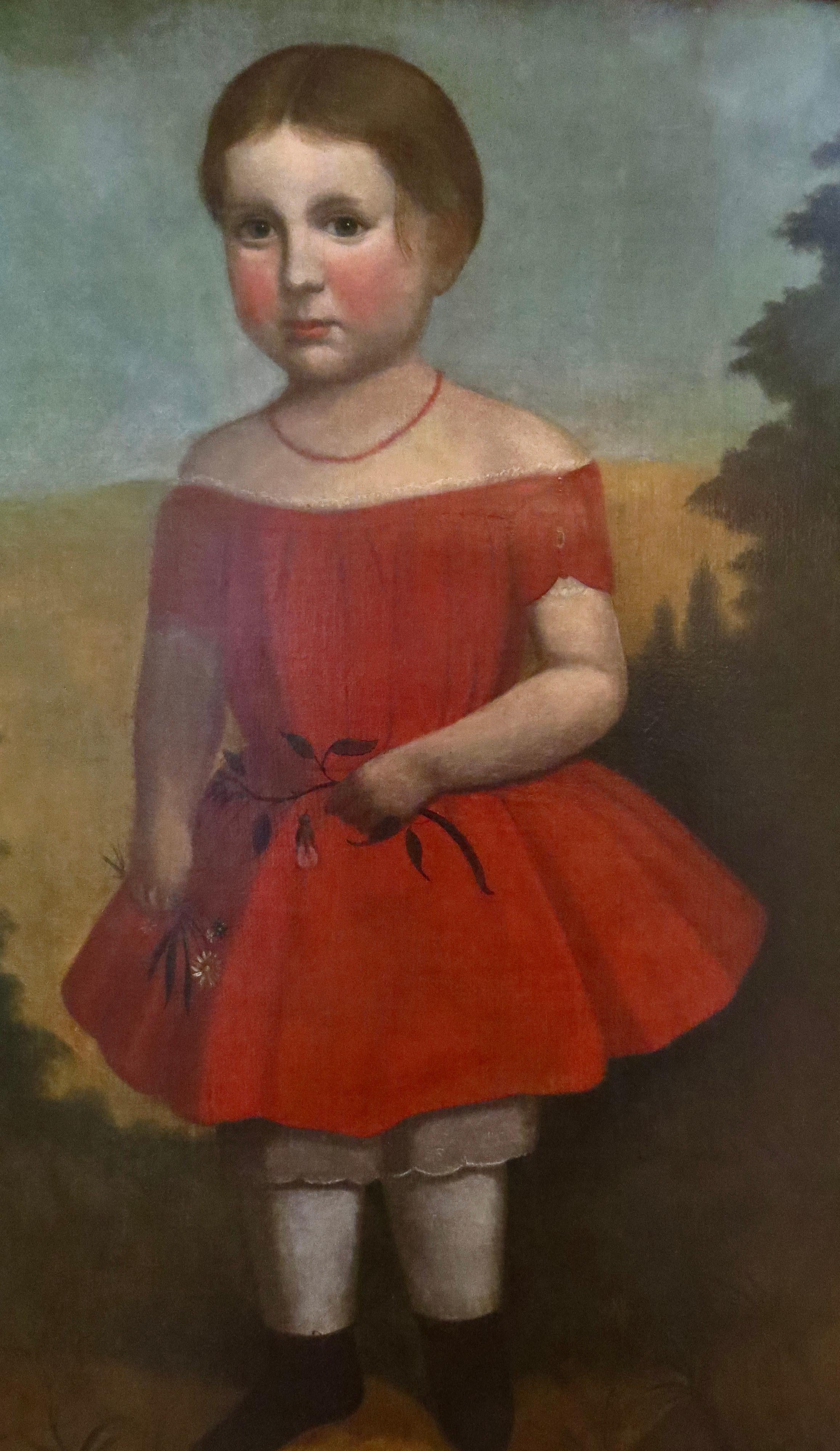 Volkskunst-Porträtgemälde „ Junges Mädchen in einem roten Kleid“, amerikanisch, um 1825 (Frühes 19. Jahrhundert) im Angebot