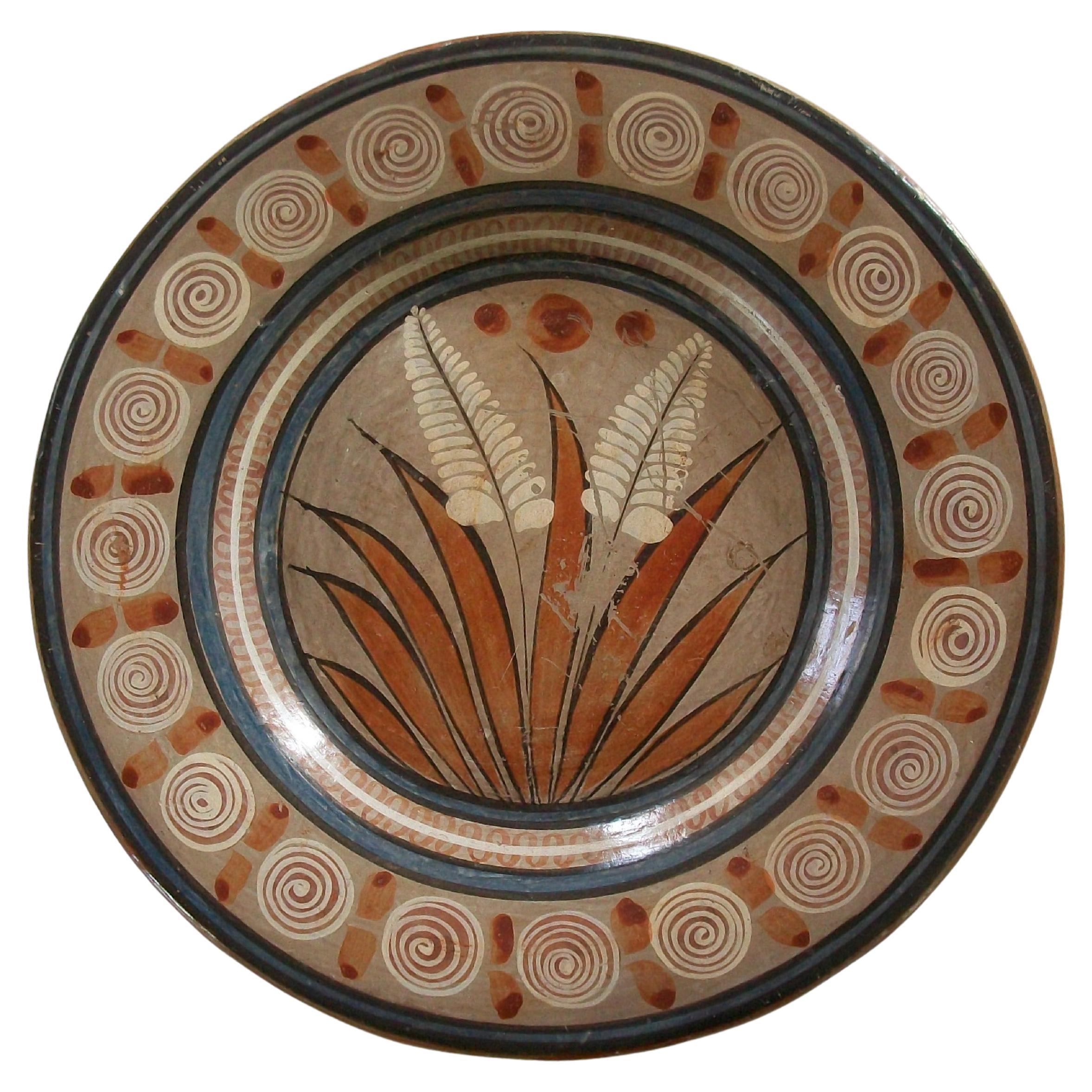 Folk Art Pottery Charger - Hand Painted Flowers & Swirls - Mexico - Circa 1980's