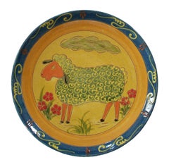 Folk Art Pottery Charger, Hand Painted Sheep, Signed, Greece, Circa 1970's