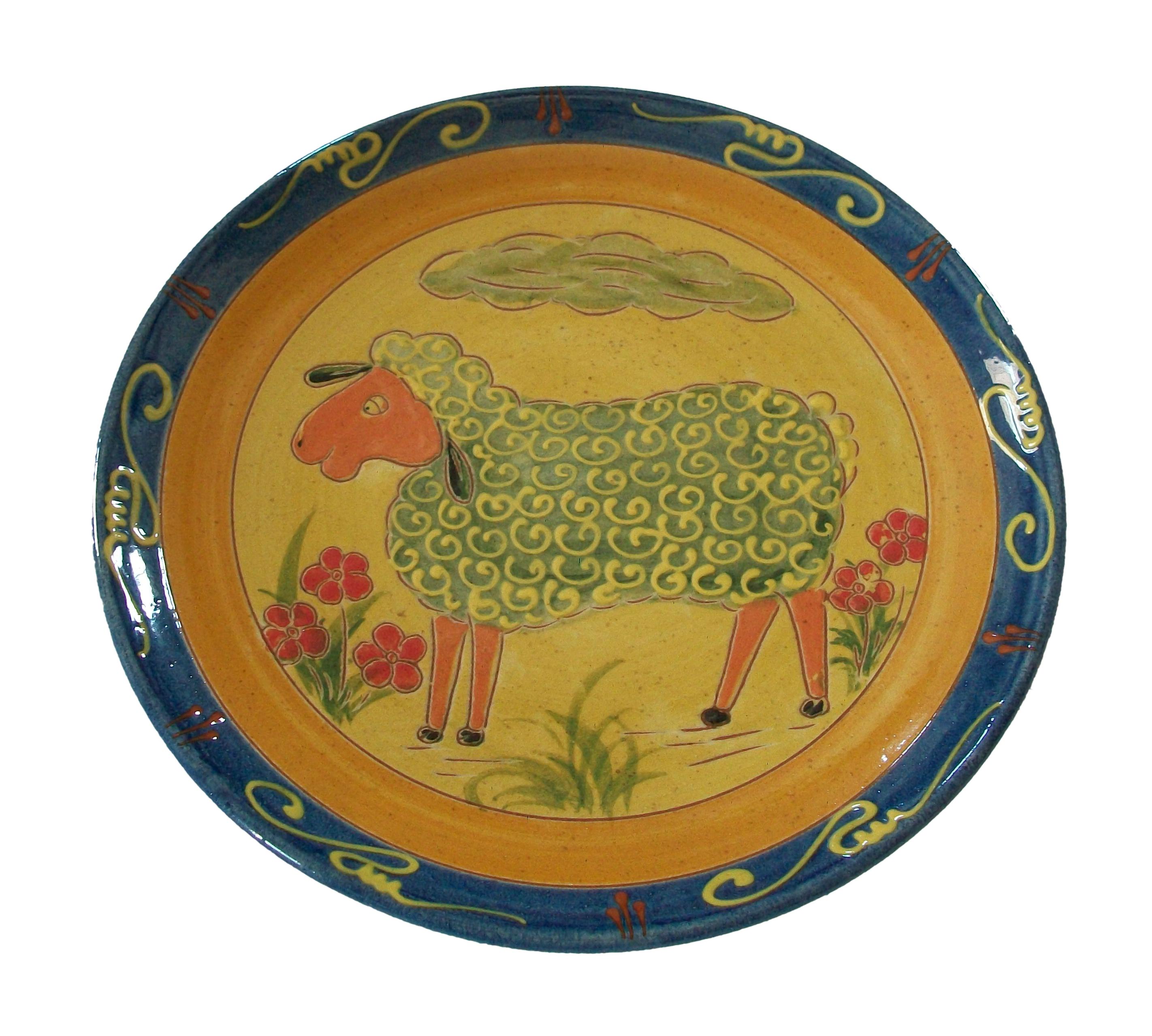 Greek Folk Art Pottery Charger, Hand Painted Sheep, Signed, Greece, Circa 1970's For Sale