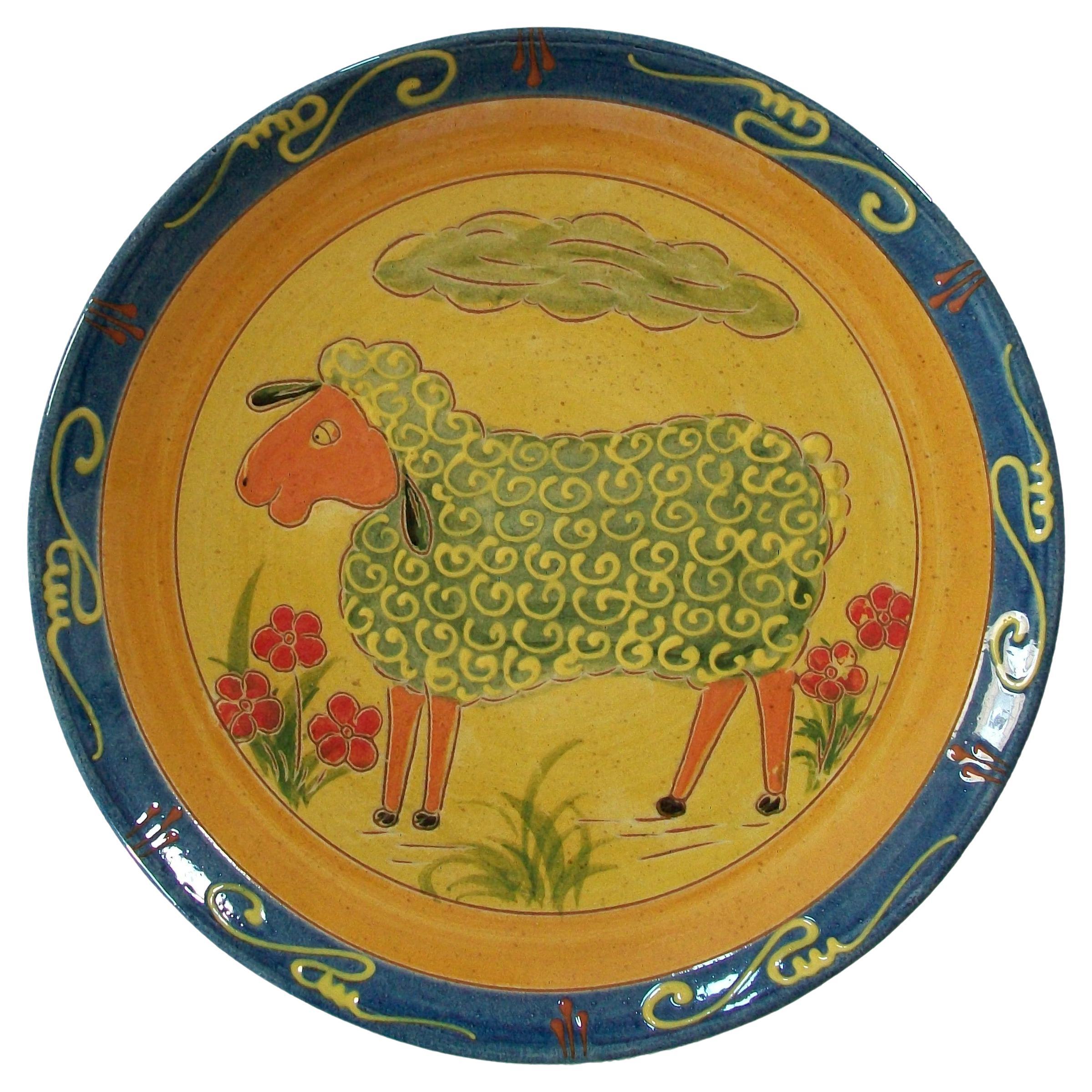 Folk Art Pottery Charger, Hand Painted Sheep, Signed, Greece, Circa 1970's