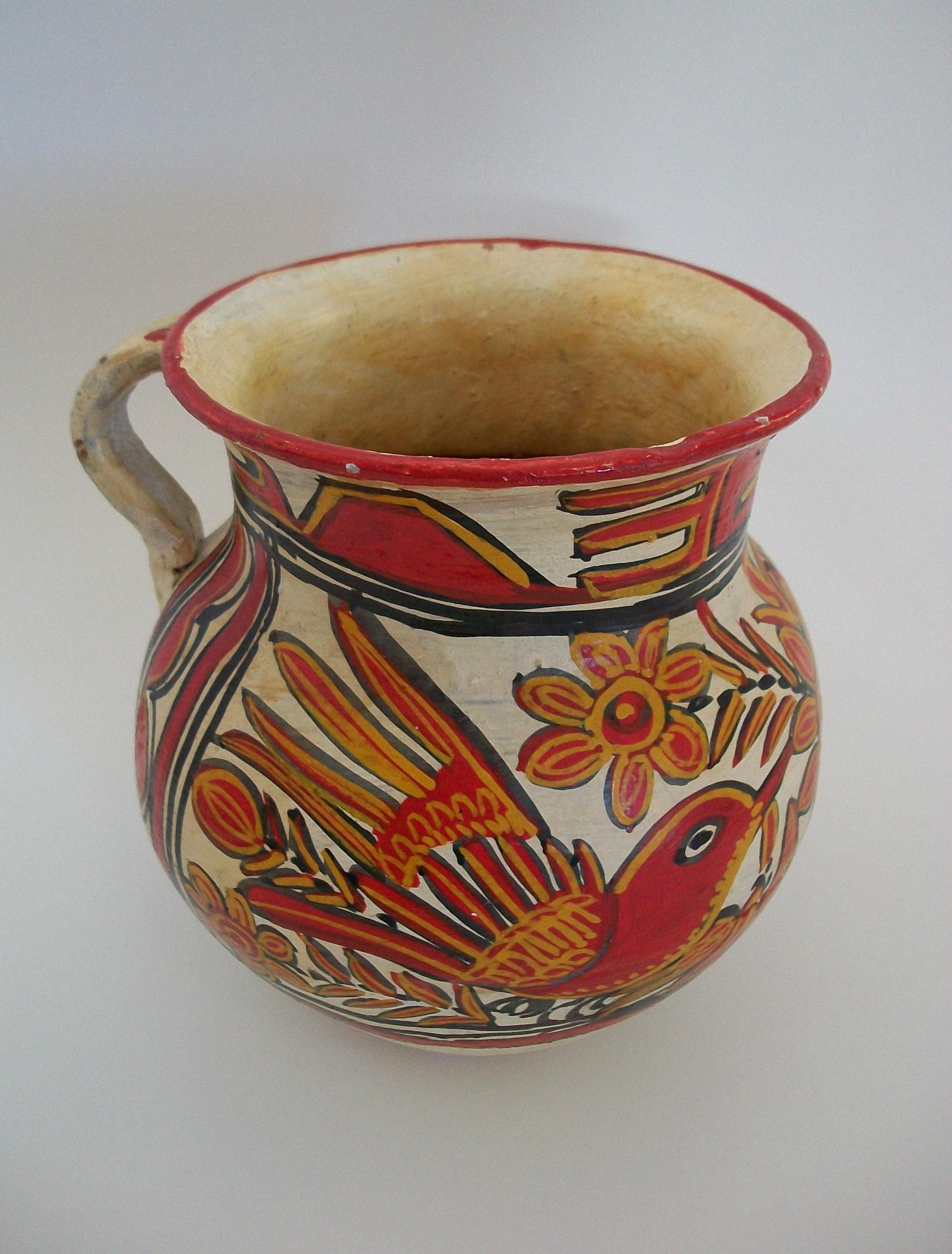 Volkskunst-Krug aus Keramik – handbemalte Vögel und Blumen – Mexiko – ca. 1920er Jahre im Angebot 9