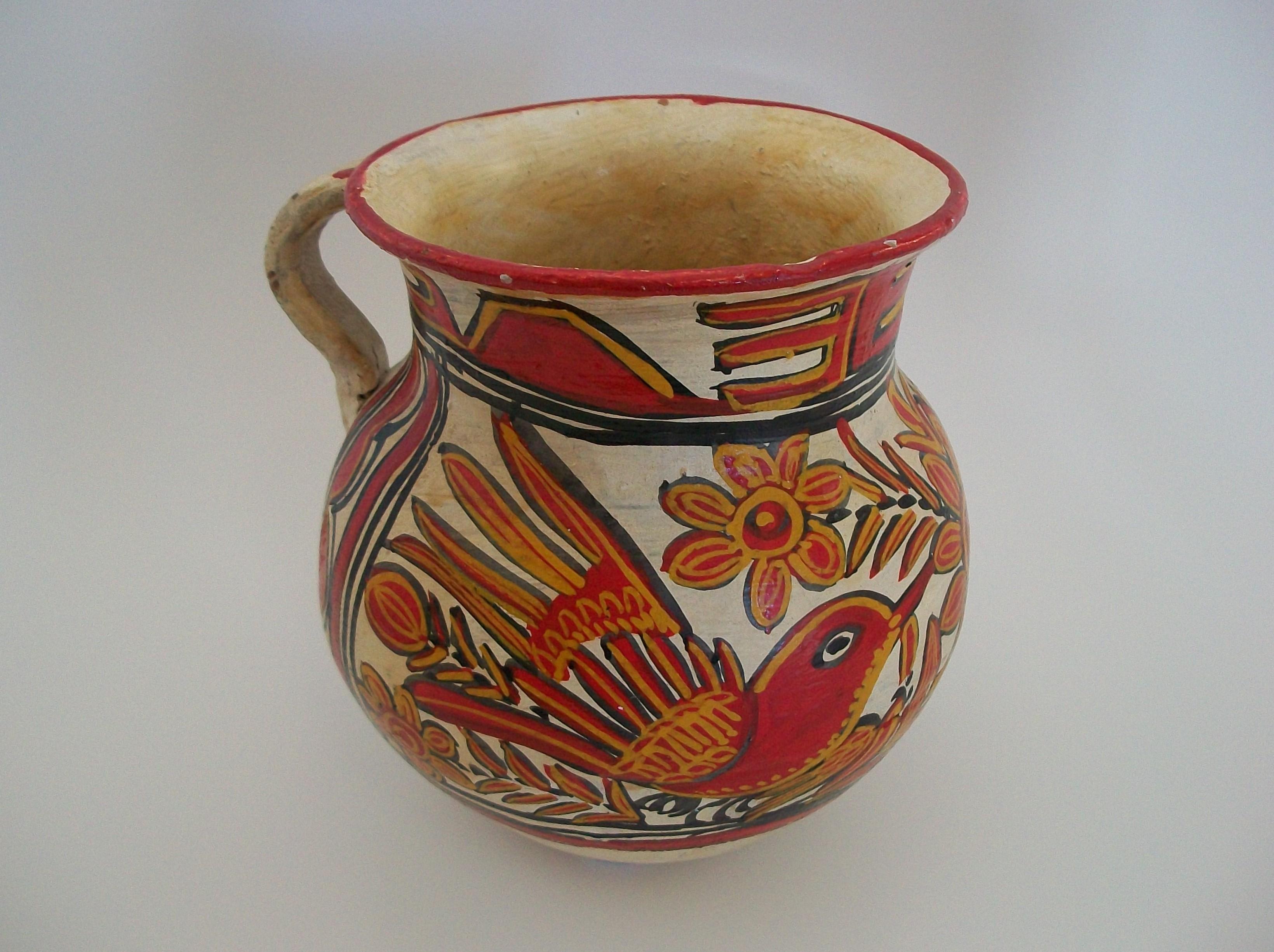 Volkskunst-Krug aus Keramik – handbemalte Vögel und Blumen – Mexiko – ca. 1920er Jahre im Angebot 10