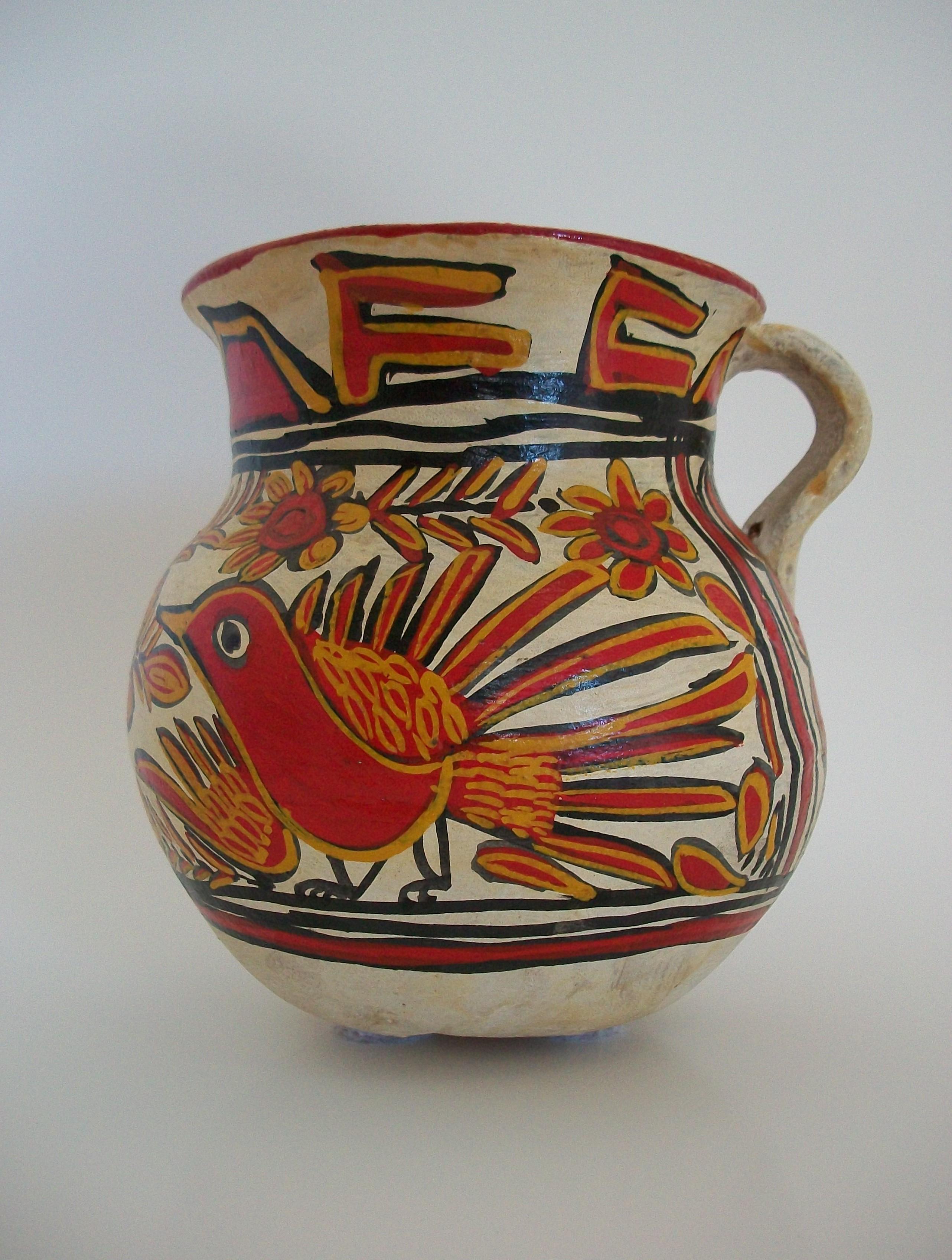 Volkskunst-Krug aus Keramik – handbemalte Vögel und Blumen – Mexiko – ca. 1920er Jahre im Angebot 11