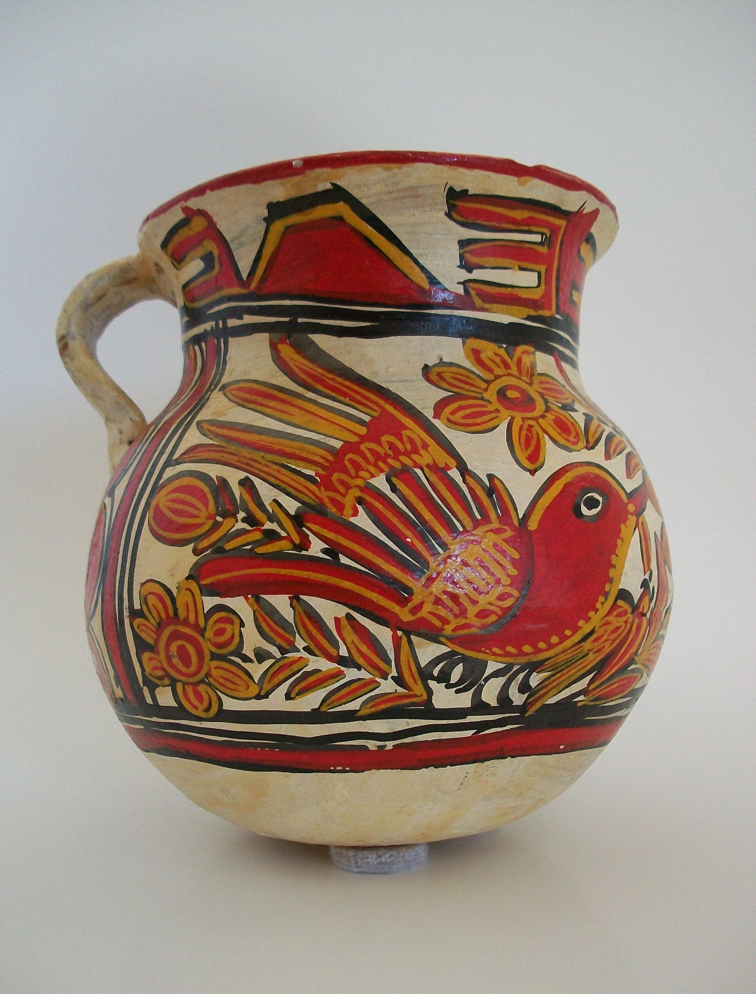 Volkskunst-Krug aus Keramik – handbemalte Vögel und Blumen – Mexiko – ca. 1920er Jahre im Angebot 12