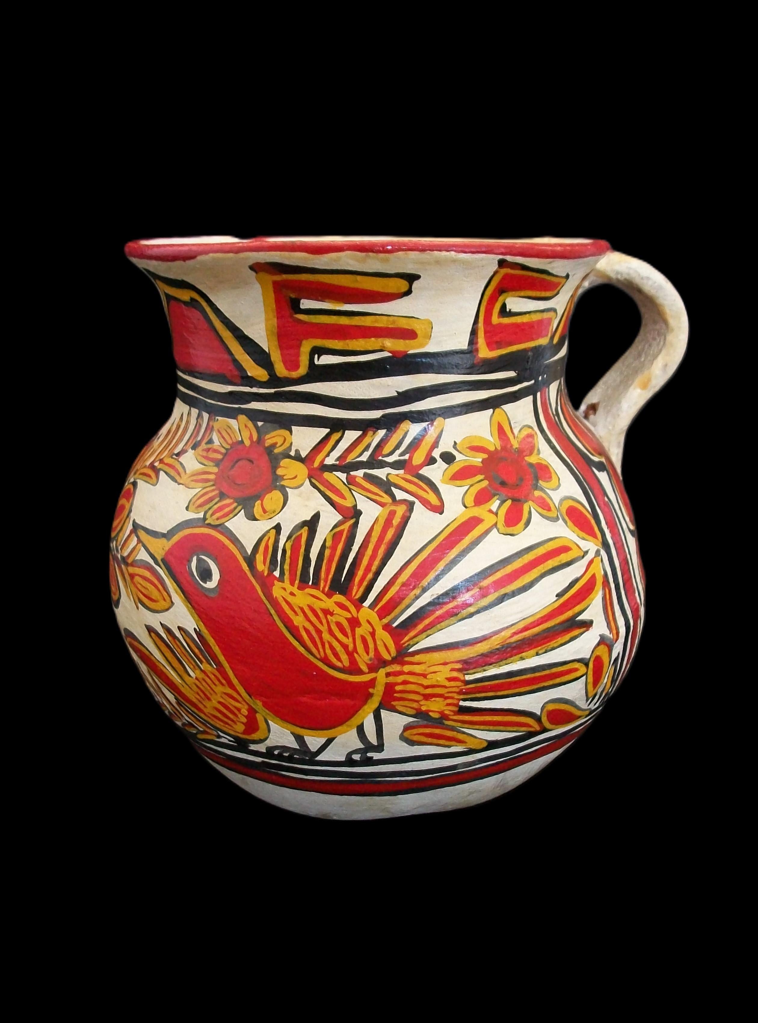 Volkskunst-Krug aus Keramik – handbemalte Vögel und Blumen – Mexiko – ca. 1920er Jahre im Angebot 14