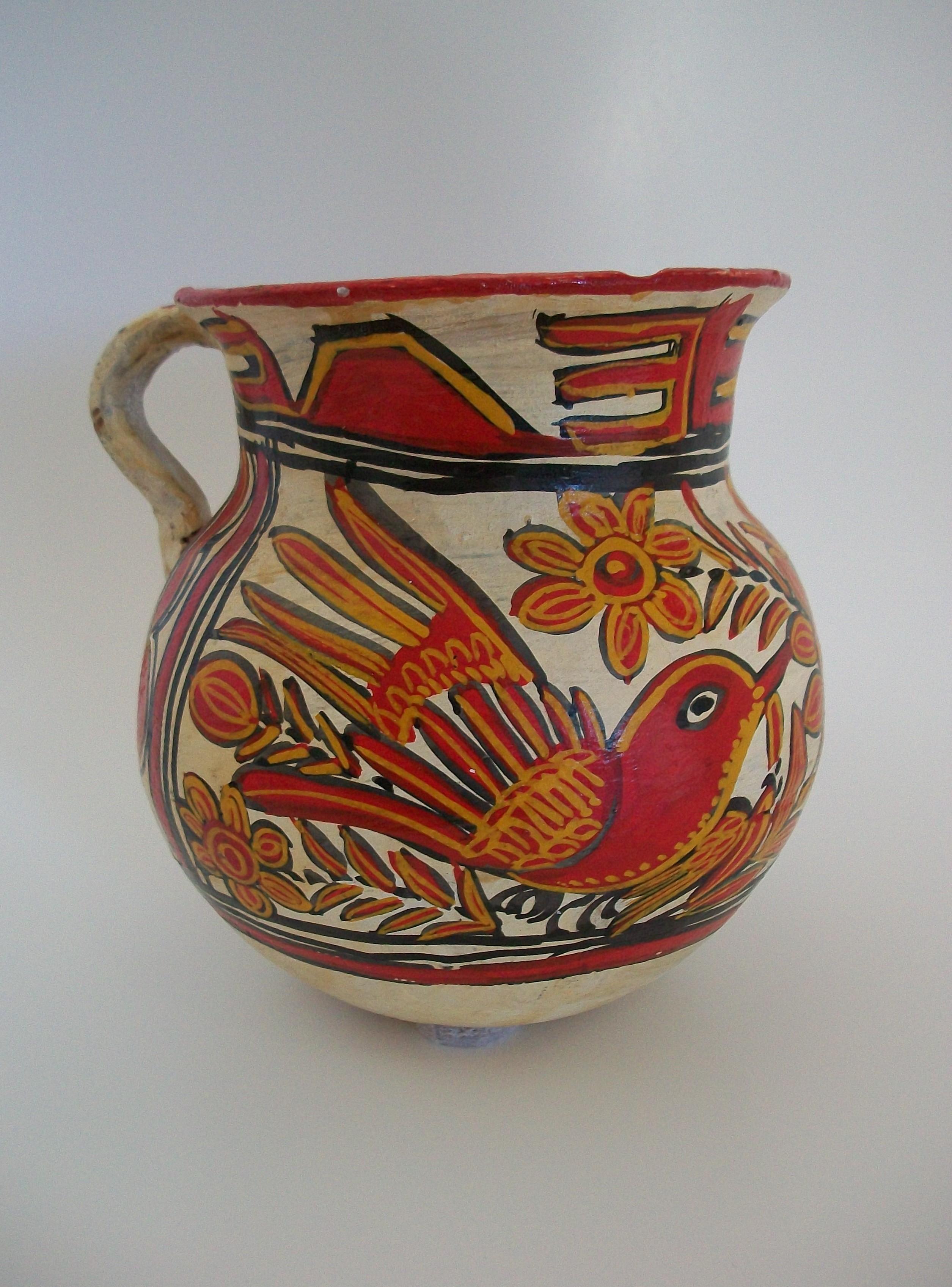 Volkskunst-Krug aus Keramik – handbemalte Vögel und Blumen – Mexiko – ca. 1920er Jahre (20. Jahrhundert) im Angebot
