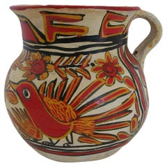 Folk Art Pottery Pitcher - Hand Painted Birds & Flowers - Mexico - Circa 1920's