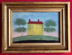 Volkskunst: Primitive Eglomise-Rückseitenmalerei auf Glas, die ein Haus aus der Federal-Zeit darstellt