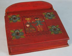 Folk Art  Red Hand Painted Figures and Flowers Small Pine Slant Top Desk 1940's