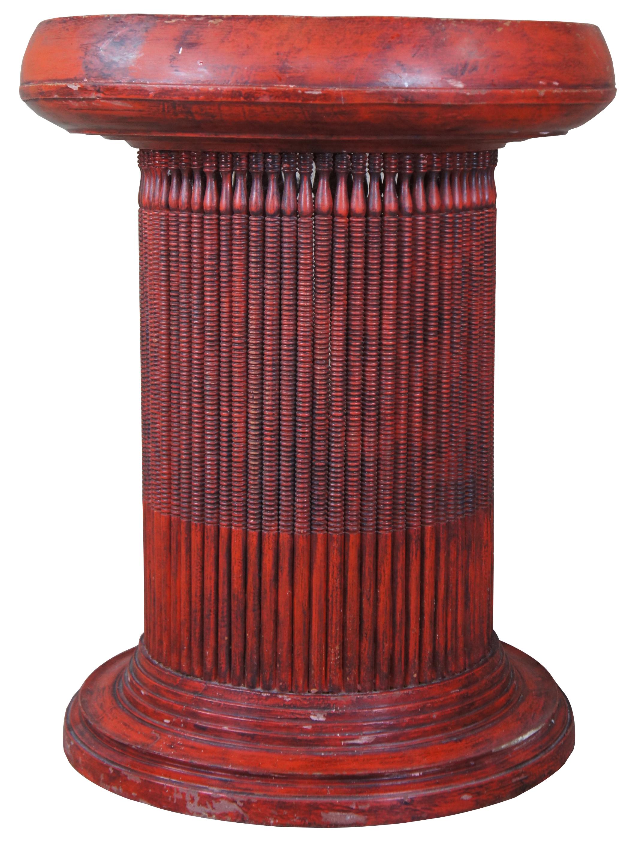 A very unique Primitive red painted Folk Art bowl or tray top table or base. Features a round bowl shaped top compartment supported by turned ribbed columns arranged in a fluted circle over a pedestal base.