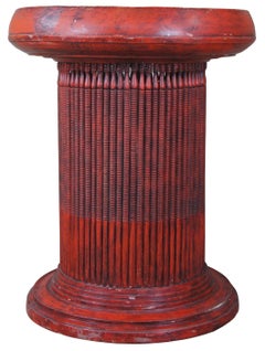 Folk Art Red Painted Round Fluted Ribbed Tray Top Pedestal End Table Base MCM