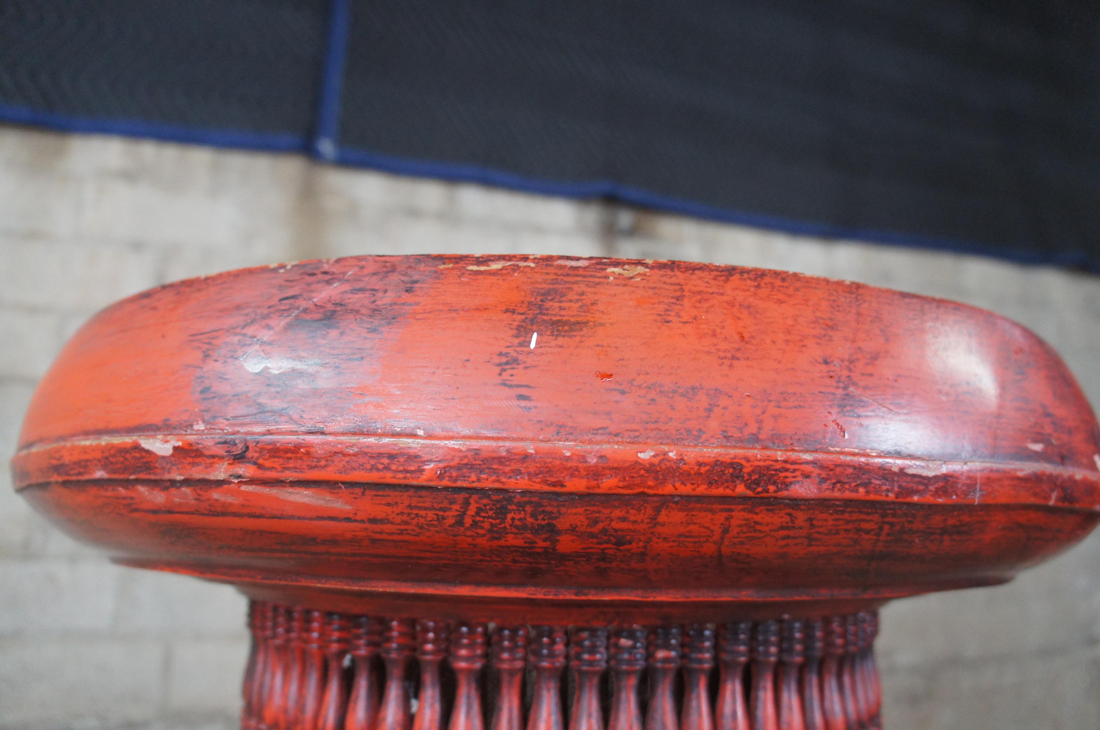 20th Century Folk Art Red Painted Round Fluted Ribbed Tray Top Pedestal End Table Base MCM
