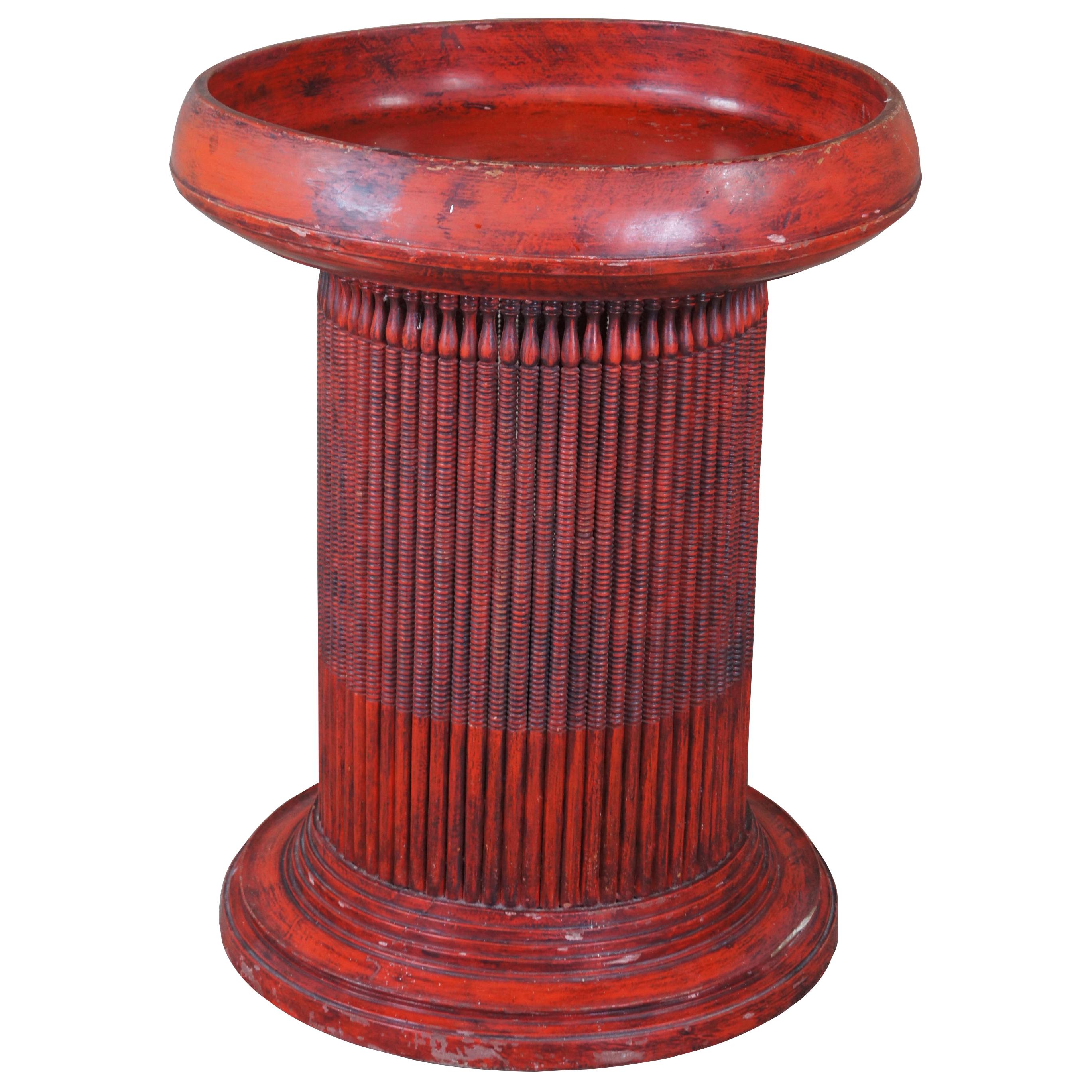 Folk Art Red Painted Round Fluted Ribbed Tray Top Pedestal End Table Base MCM