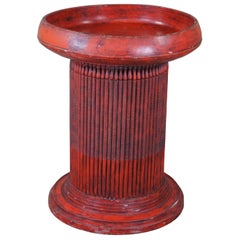 Folk Art Red Painted Round Fluted Ribbed Tray Top Pedestal End Table Base MCM