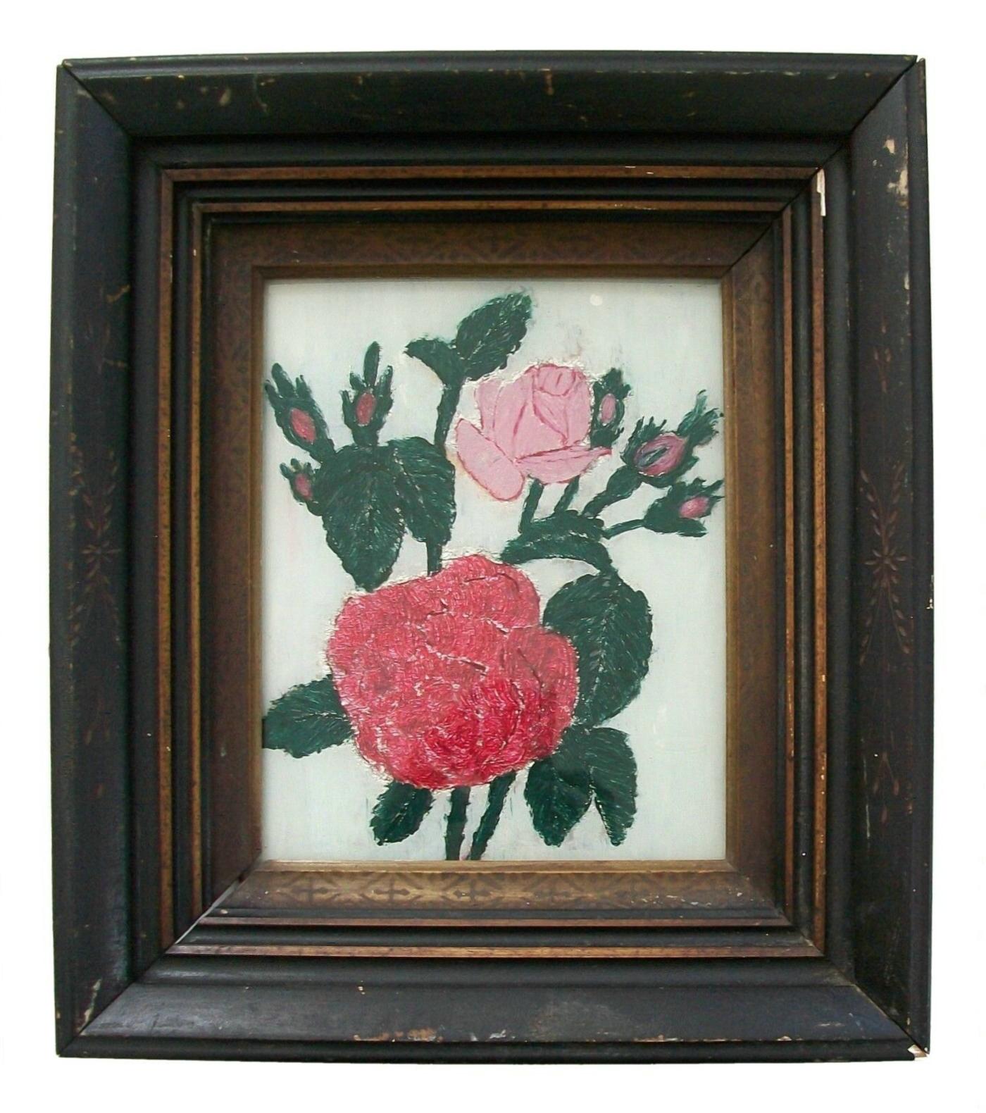 Exceptional Folk Art reverse painting on glass with foil/tinsel back (églomisé) - original hand made wood frame with carved and painted details - unsigned - United States - circa 1850's. 

Good antique condition - grime with minor loss and numerous