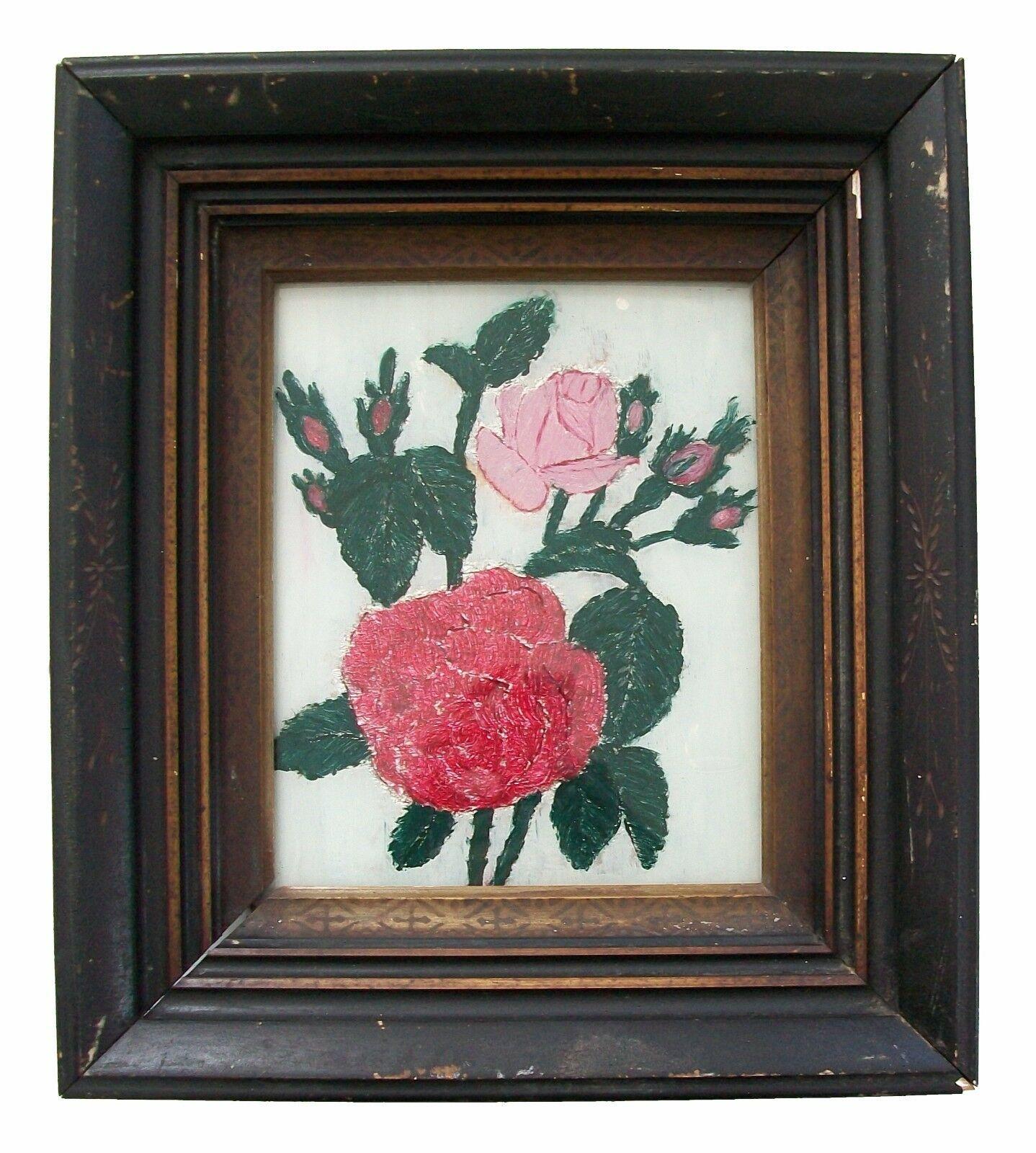 Hand-Crafted Folk Art Reverse Glass Tinsel Painting - Original Frame - U.S. - Circa 1850's For Sale