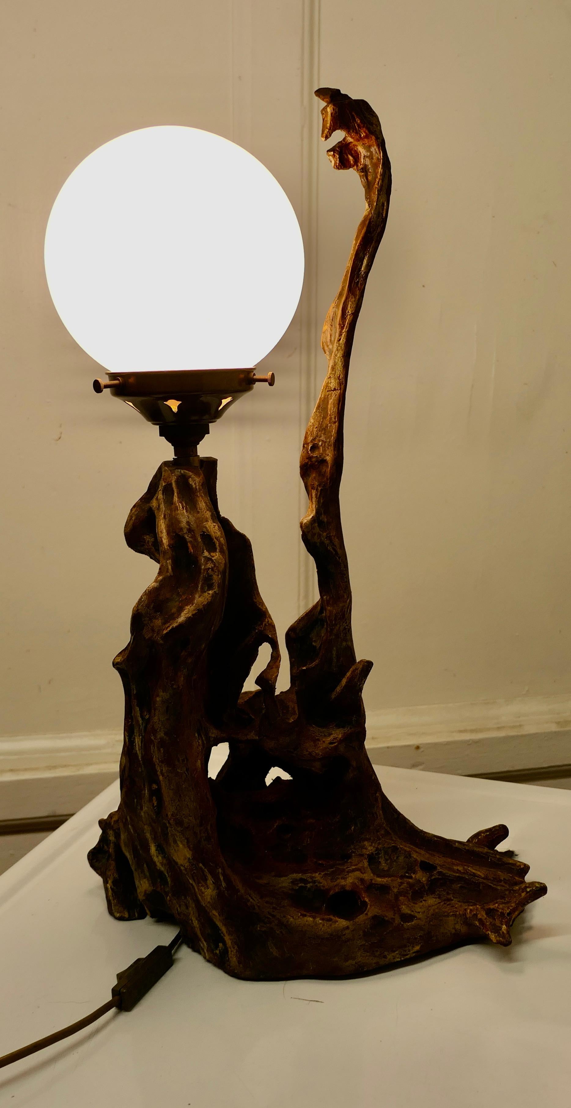 Folk Art Root Carved Table Lamp For Sale 2