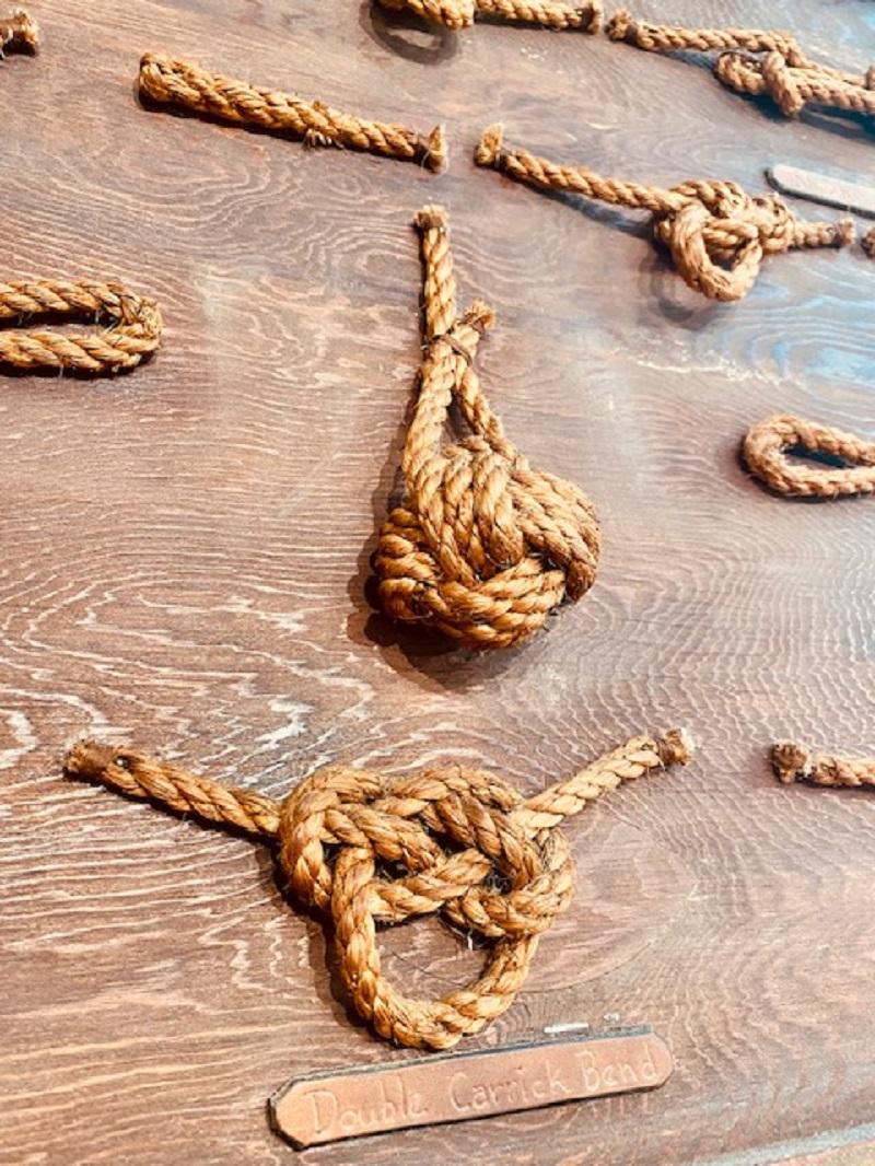 Antique Folk Art Sailor's Knot Board, circa 1900, having sixteen sailor's specialty knots: bends, hitches and splices used regularly aboard ship. All of the knots are original and mounted on a dark stained plywood panel, within a simple dark stained