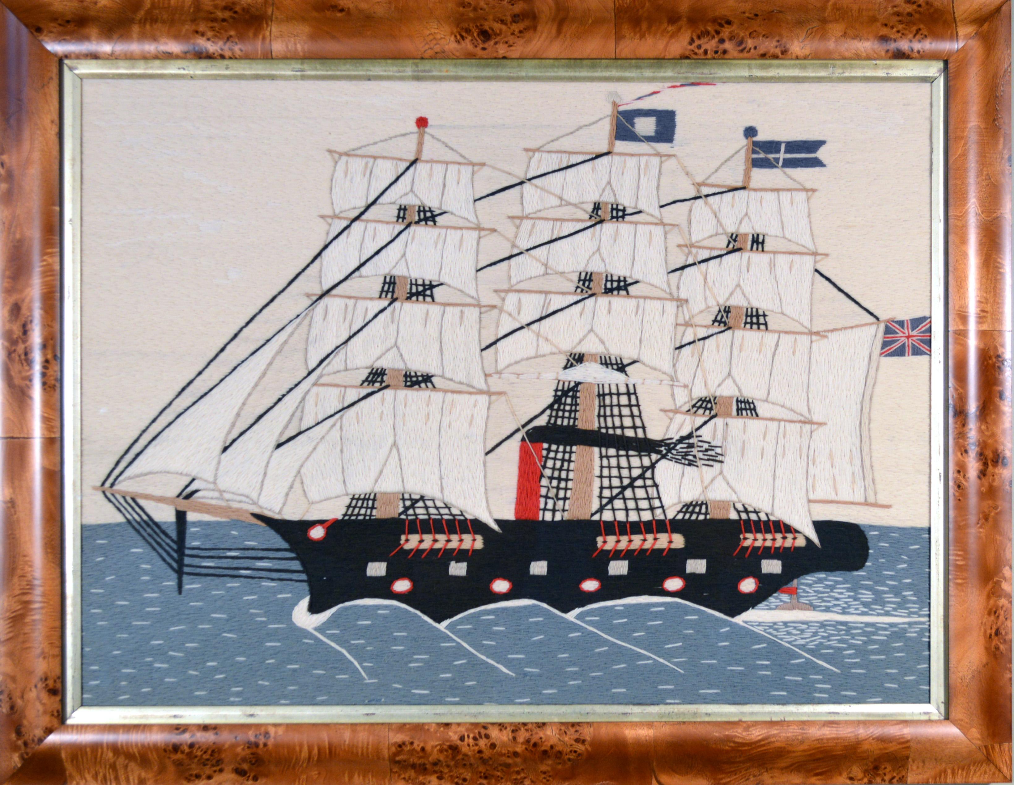 Folk Art Sailor's Woolwork or Woolie of a Ship,
Circa 1875-95.

The large sailor's charming naive woolie depicts a large port-side view of a ship underway with both steam and sail power.  Smoke is issuing from a tall narrow red funnel as she sails