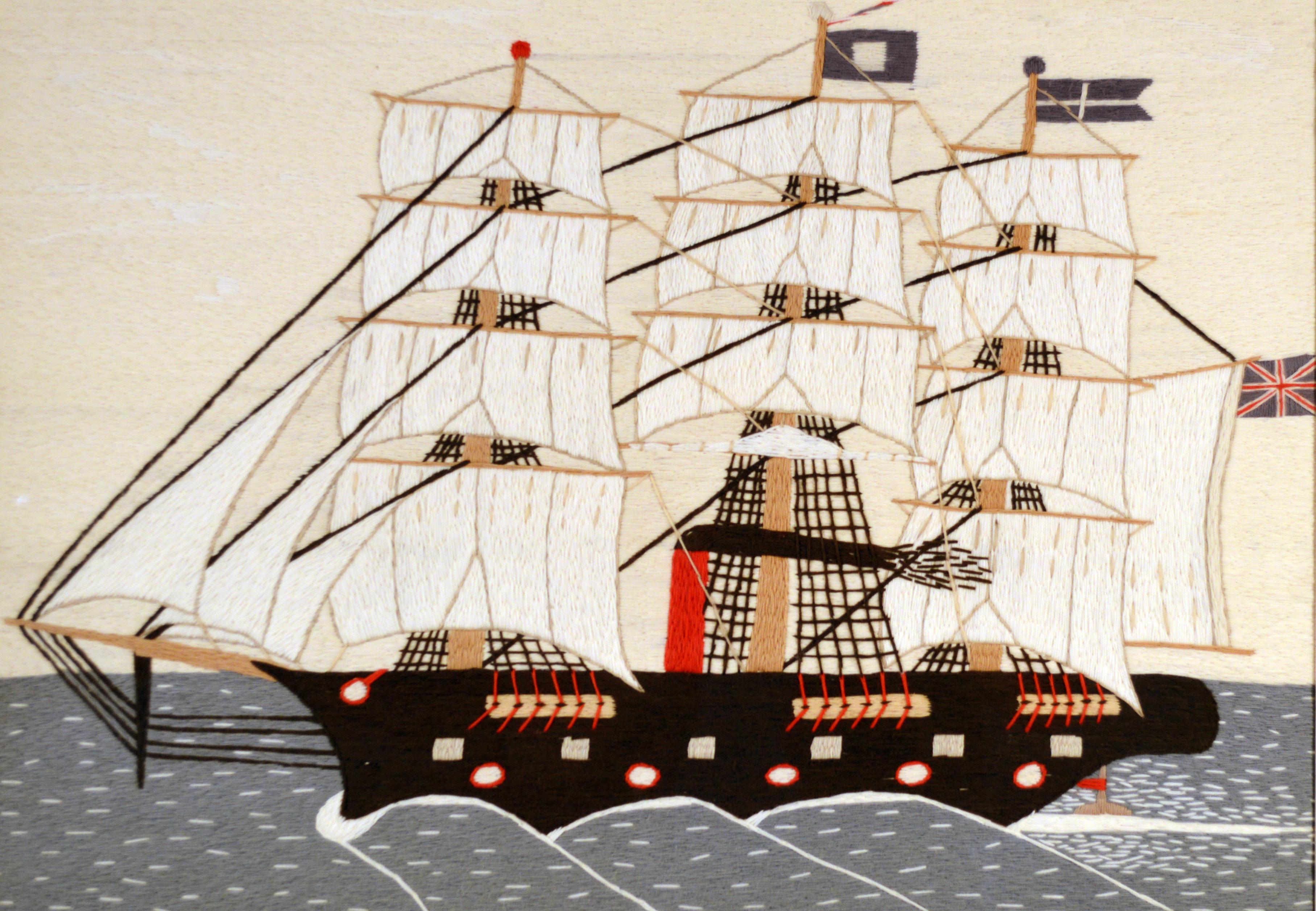Folk Art Sailor's Woolwork or Woolie of a Ship, Circa 1875-95.