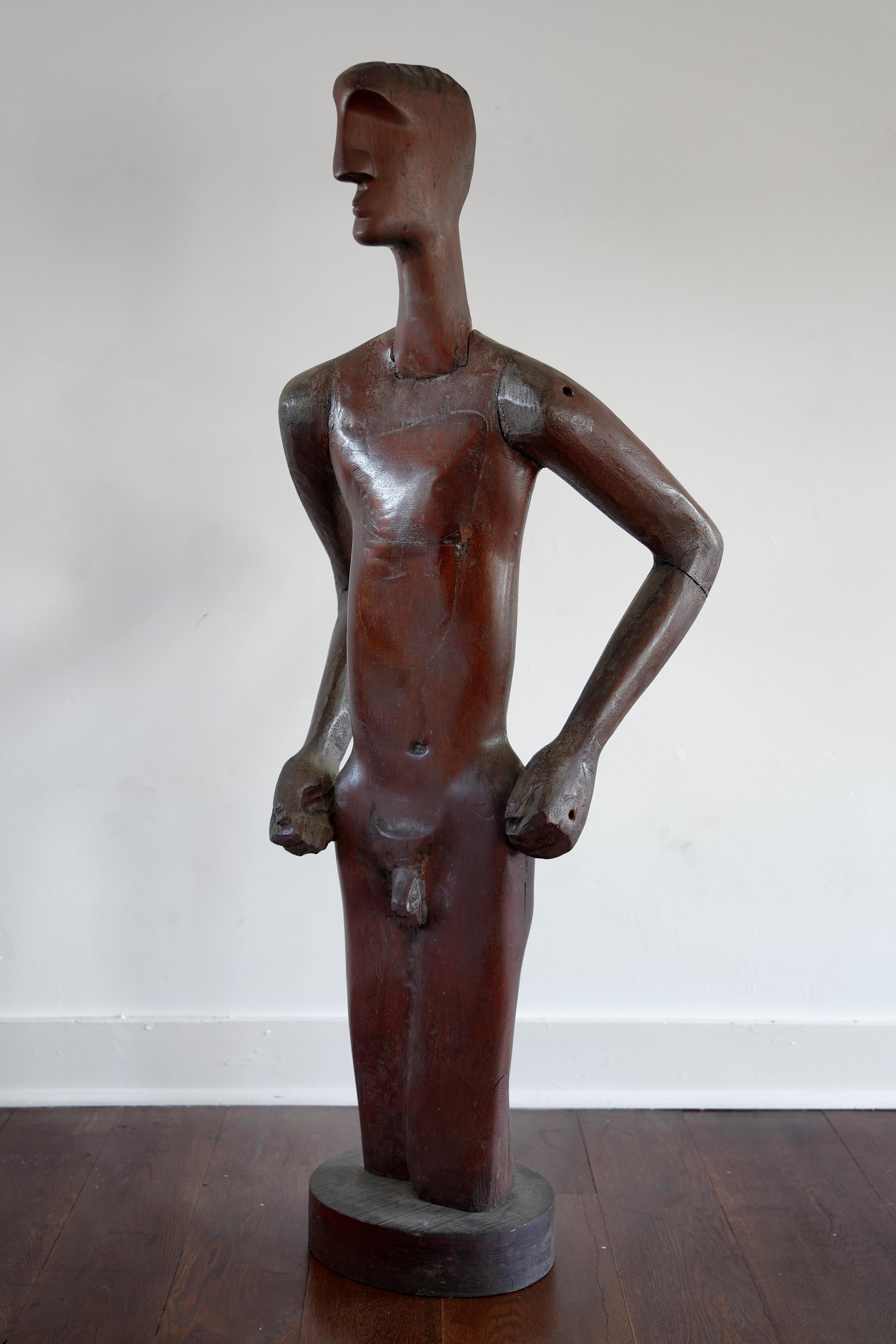 Folk Art Sculpture of a Man
Unsigned. This piece was found in the Catskill Mountains, NY.
He came from the estate of an important NYC modernist dealer.
Hand carved from what looks to be mahogany. Striking. Life size figure.