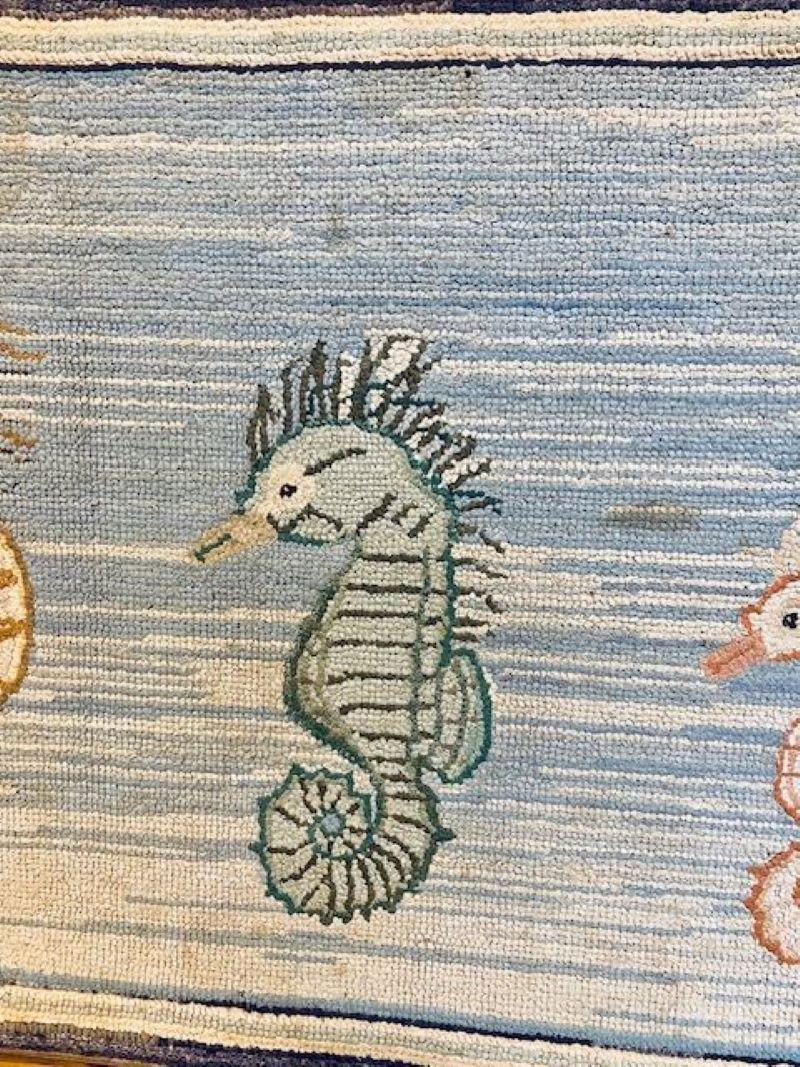 Hand-Crafted  Folk Art Sea Horse Hooked Rug, circa 1960 For Sale