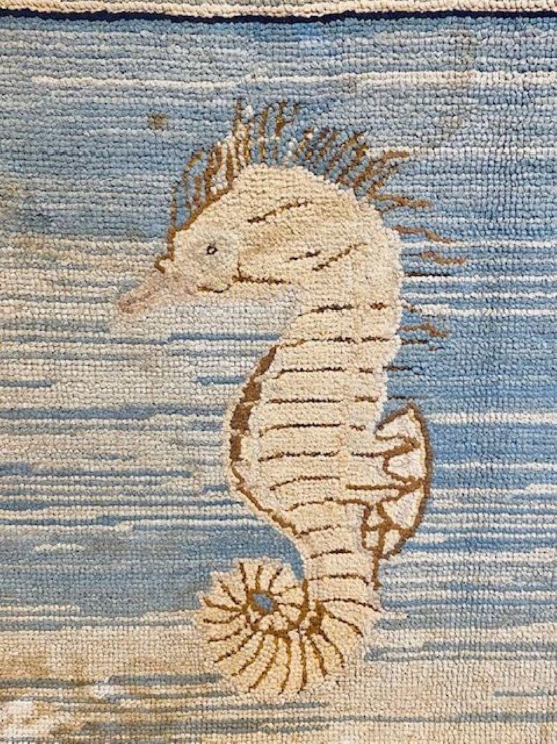  Folk Art Sea Horse Hooked Rug, circa 1960 In Good Condition For Sale In Nantucket, MA
