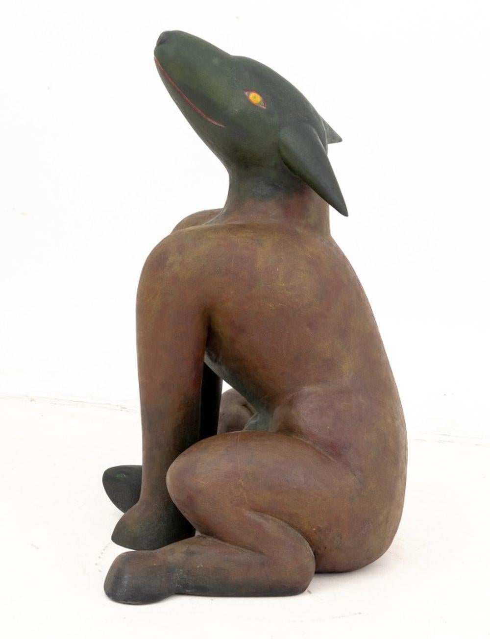 Arte popolare Folk Art Seated Dog Polychrome Painted Sculpture in vendita