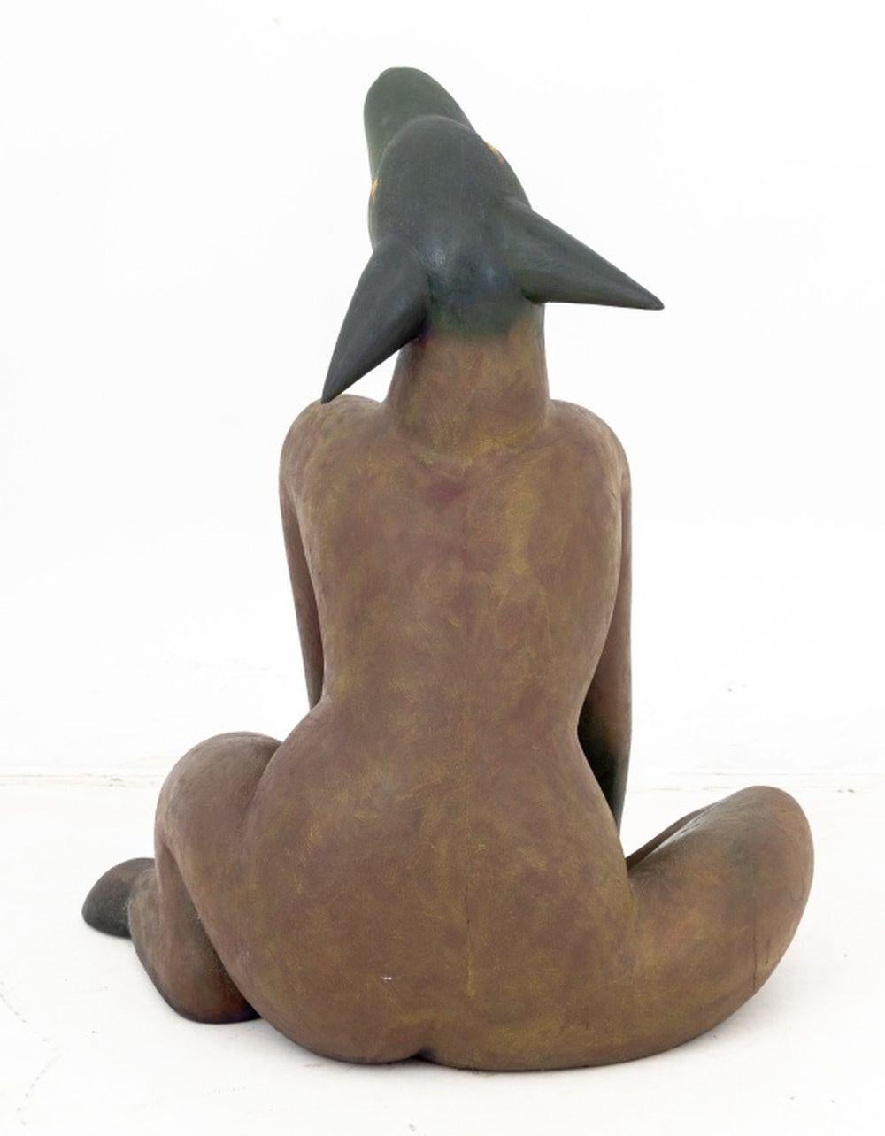 Intagliato Folk Art Seated Dog Polychrome Painted Sculpture in vendita