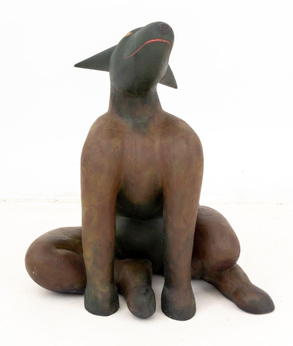 XX secolo Folk Art Seated Dog Polychrome Painted Sculpture in vendita