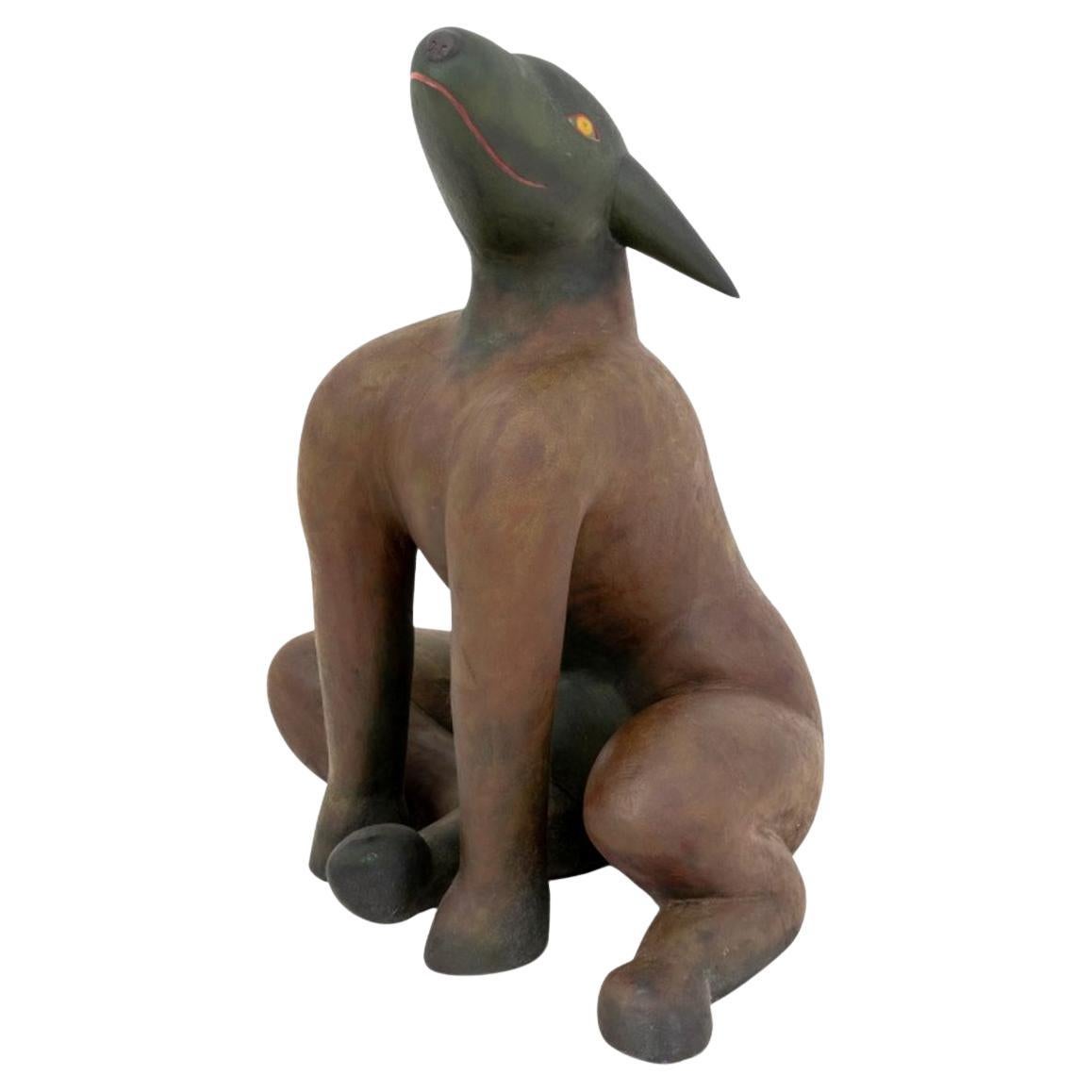 Folk Art Seated Dog Polychrome Painted Sculpture