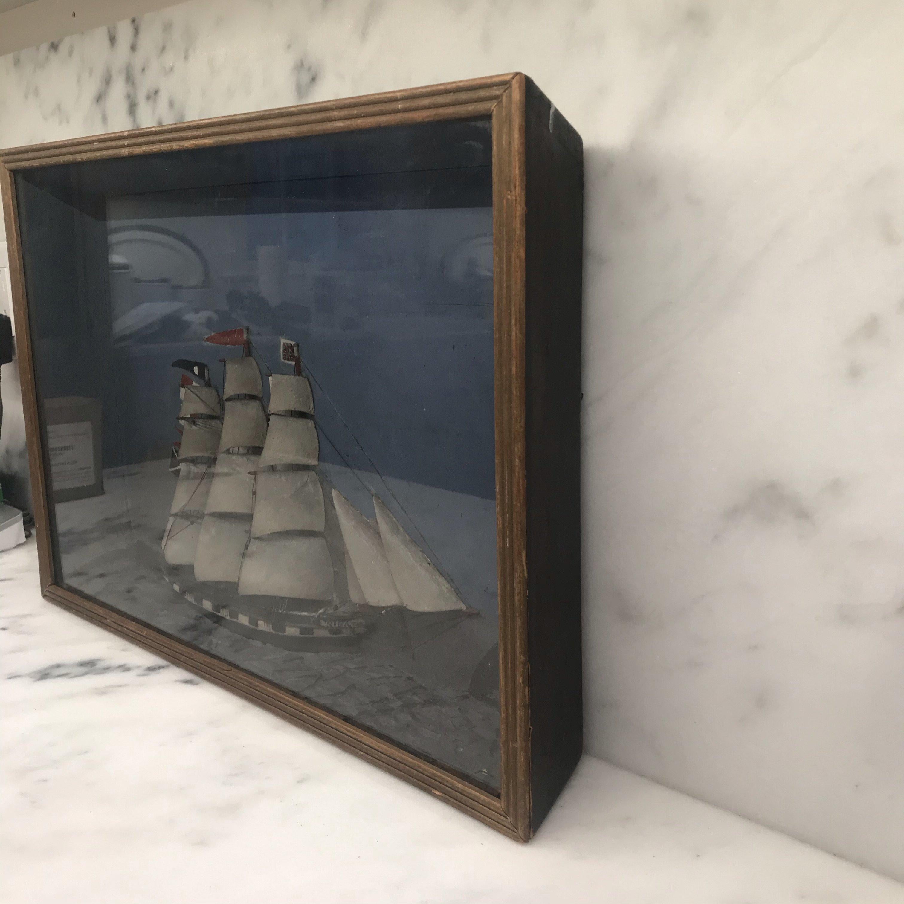 Folk Art Shadowbox Ship Diorama of a Three Masted Schooner In Good Condition In Hopewell, NJ