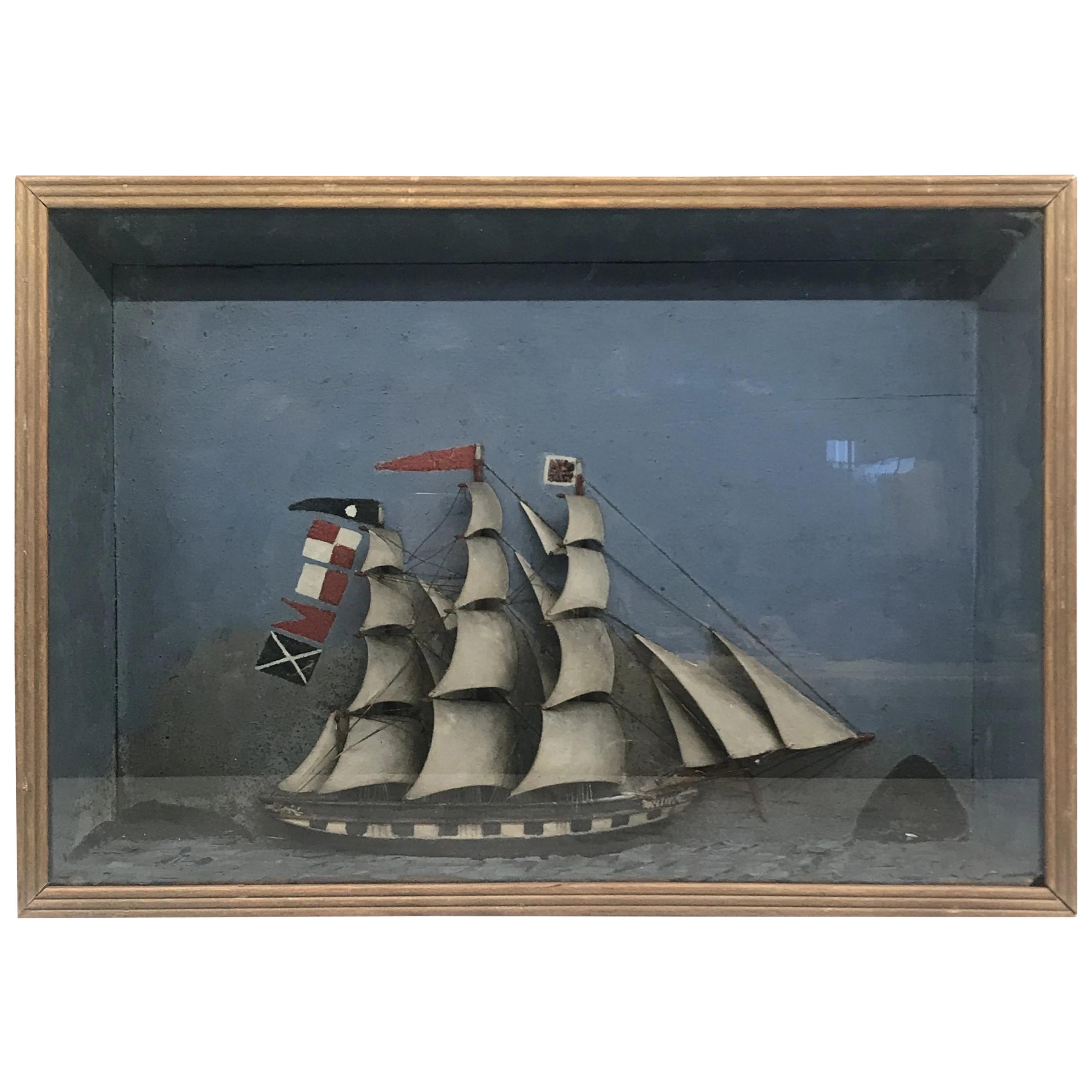 Folk Art Shadowbox Ship Diorama of a Three Masted Schooner