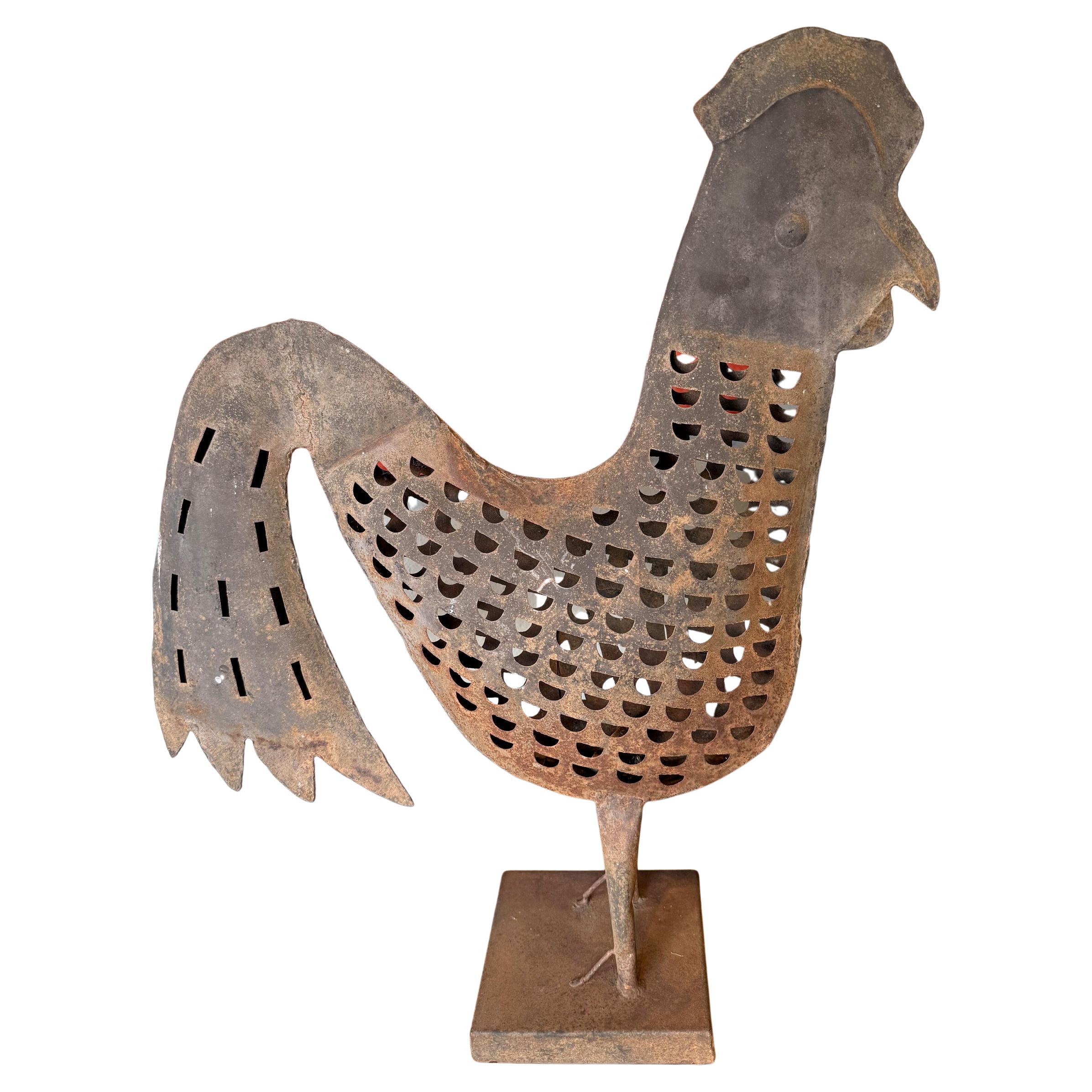 Folk Art Sheet-Metal Rooster with Cutout Pattern and Side Door