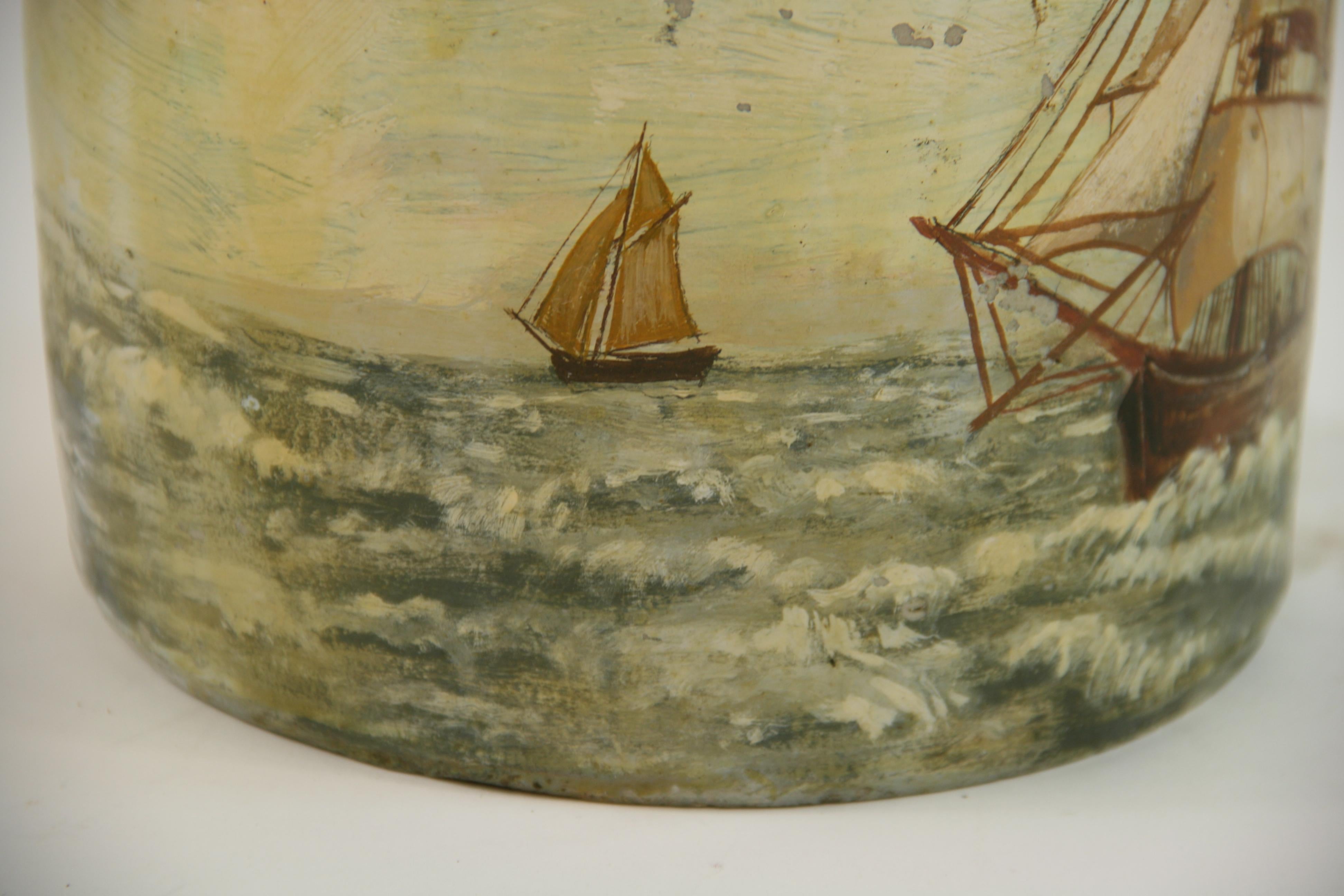 Folk Art Ships Painting on a 1910 Crock Pot 5