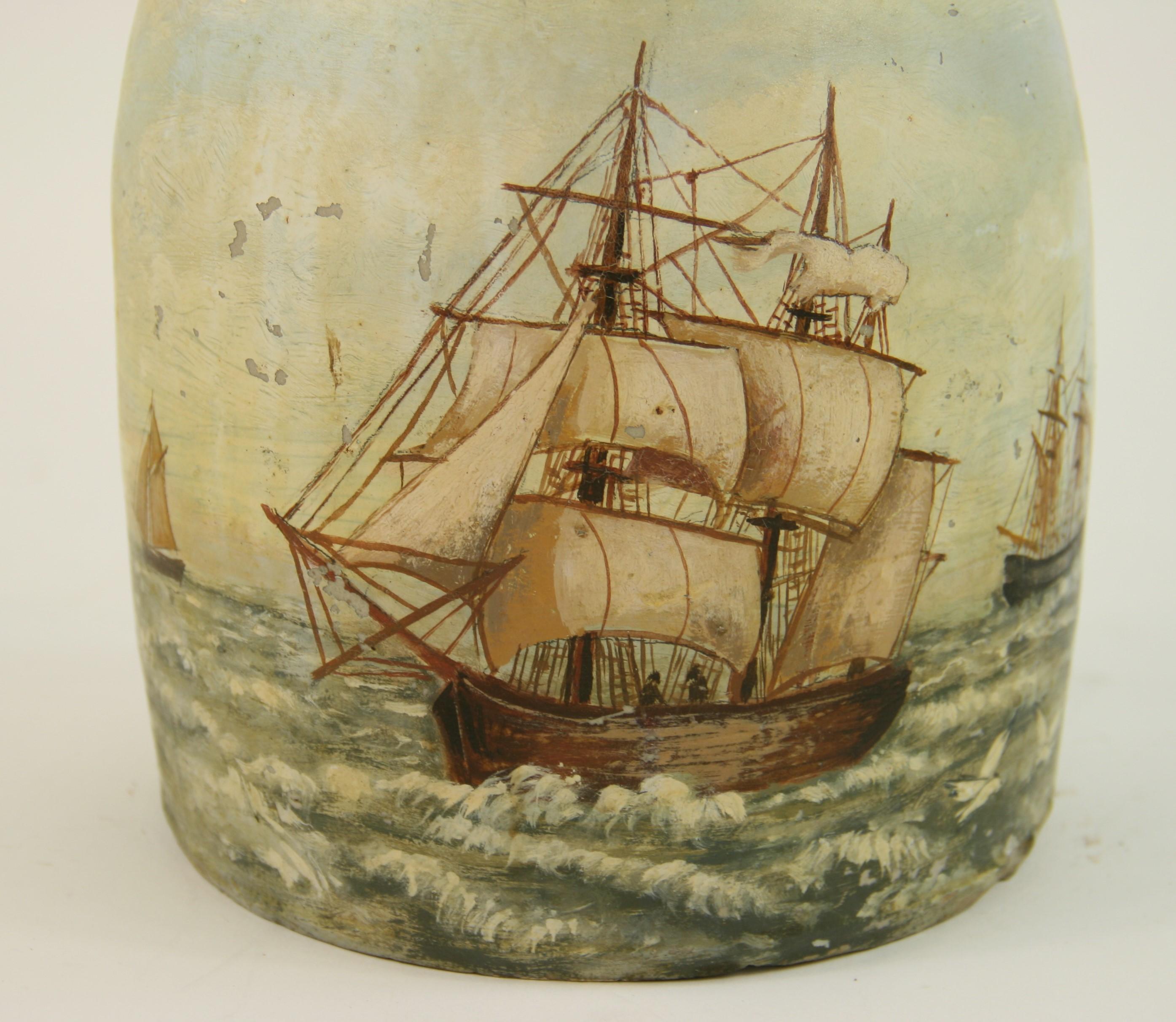 Folk Art Ships Painting on a 1910 Crock Pot In Good Condition In Douglas Manor, NY