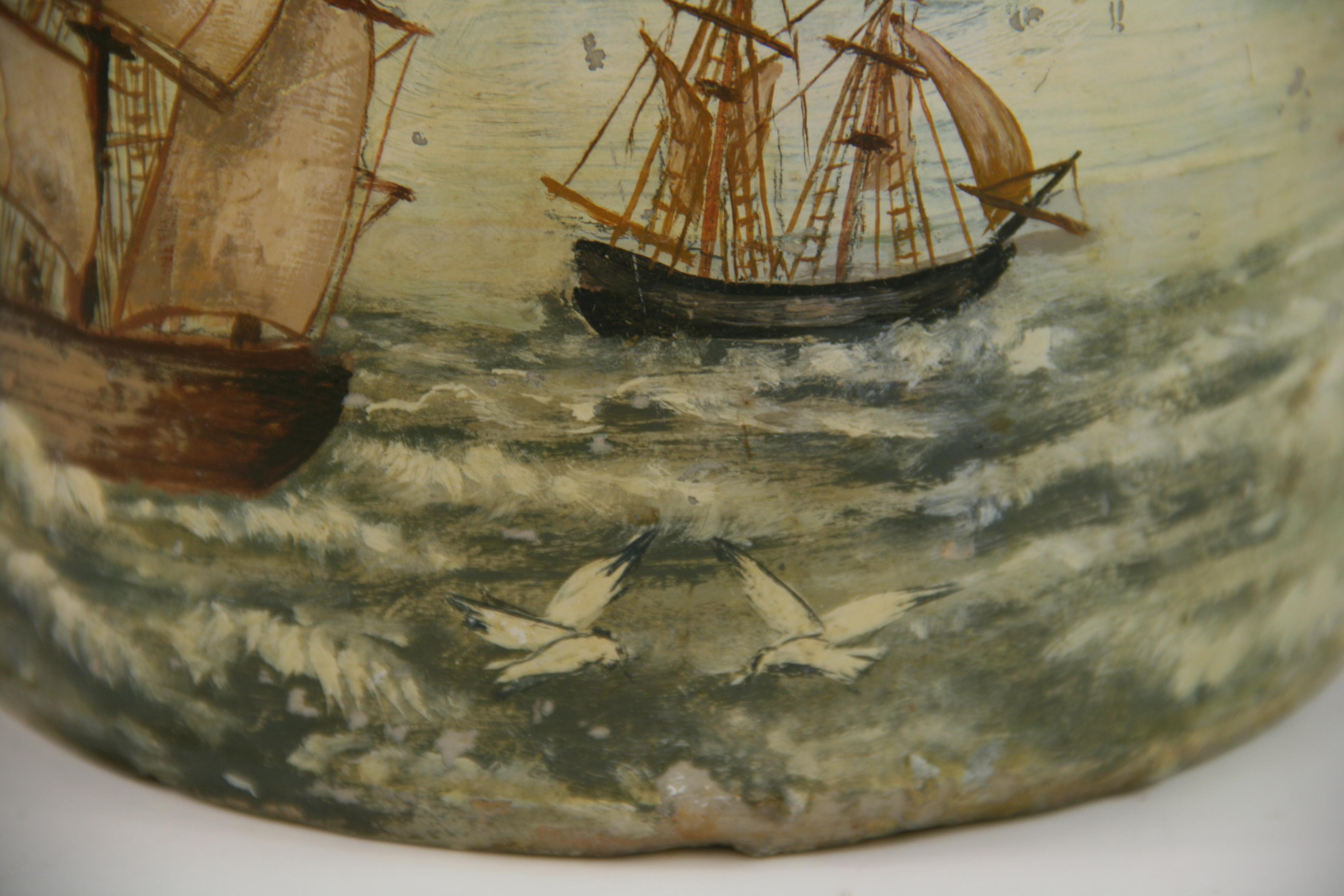 Folk Art Ships Painting on a 1910 Crock Pot 3