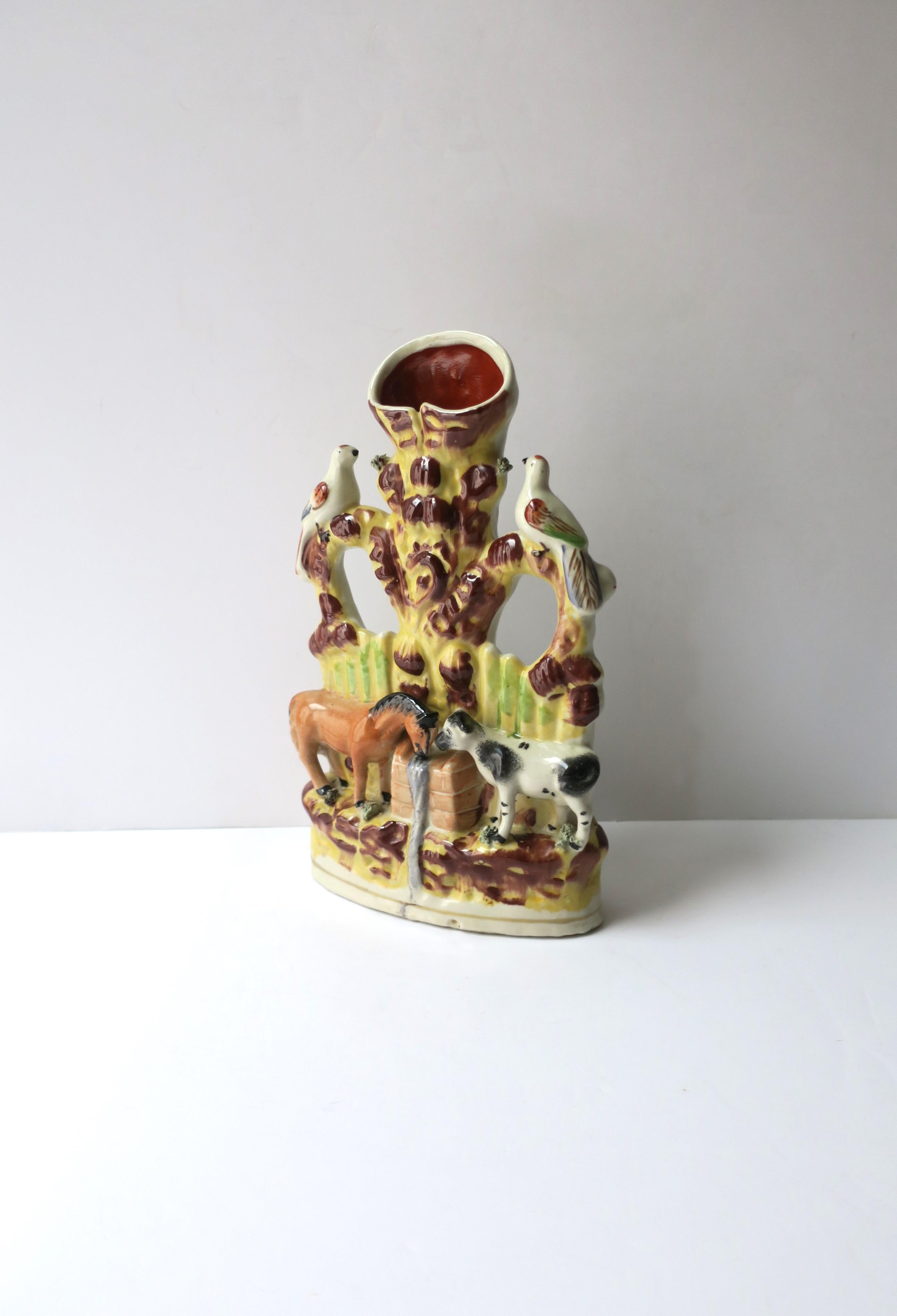 Polychromed Folk Art Spill Vase Animal Farm Scene Attributed to Staffordshire England For Sale